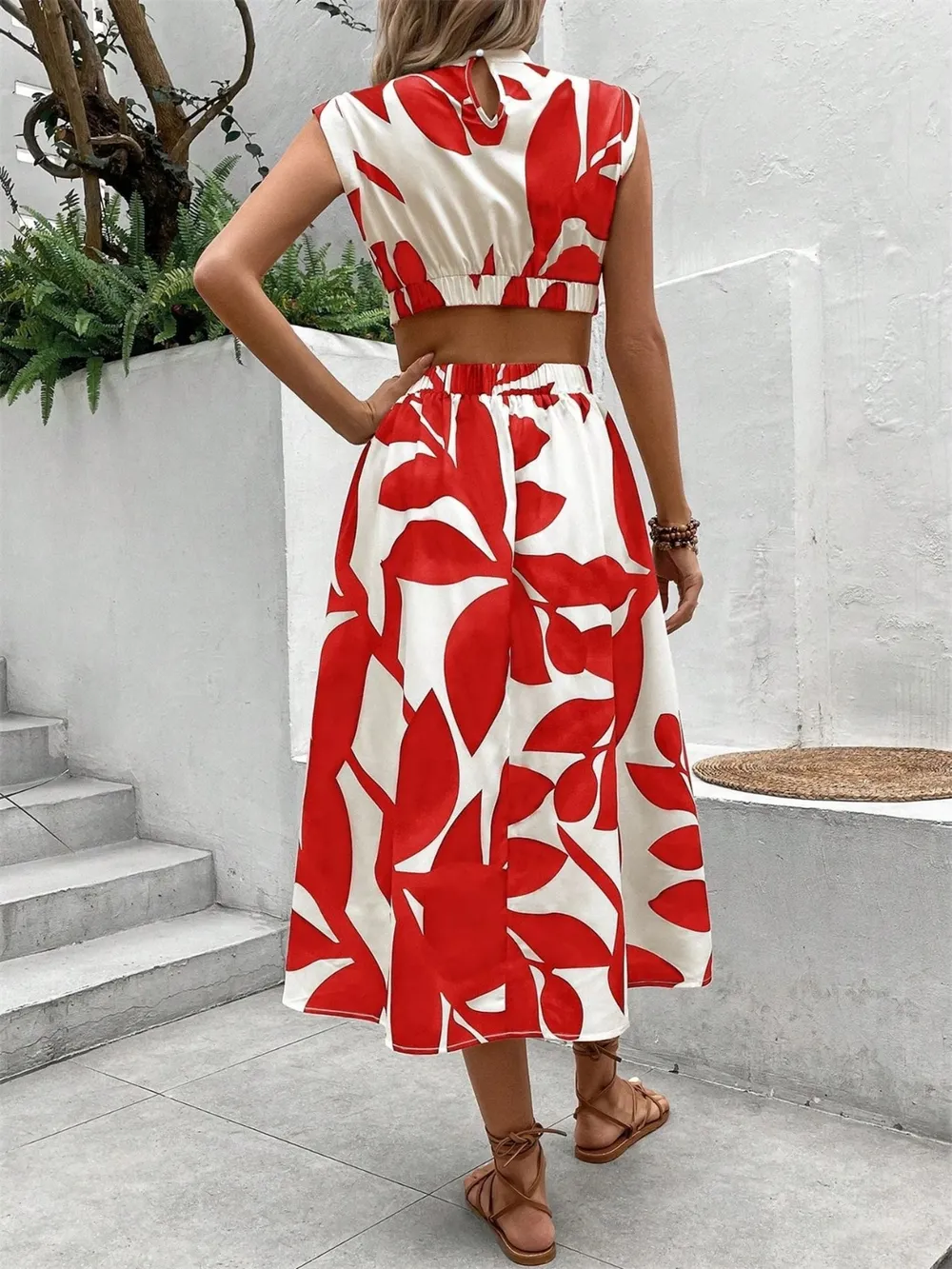 Cutout Printed Cap Sleeve Midi Dress, image 12