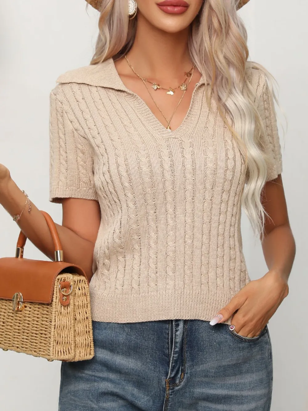 Cable Knit Short Sleeve Top, image 3