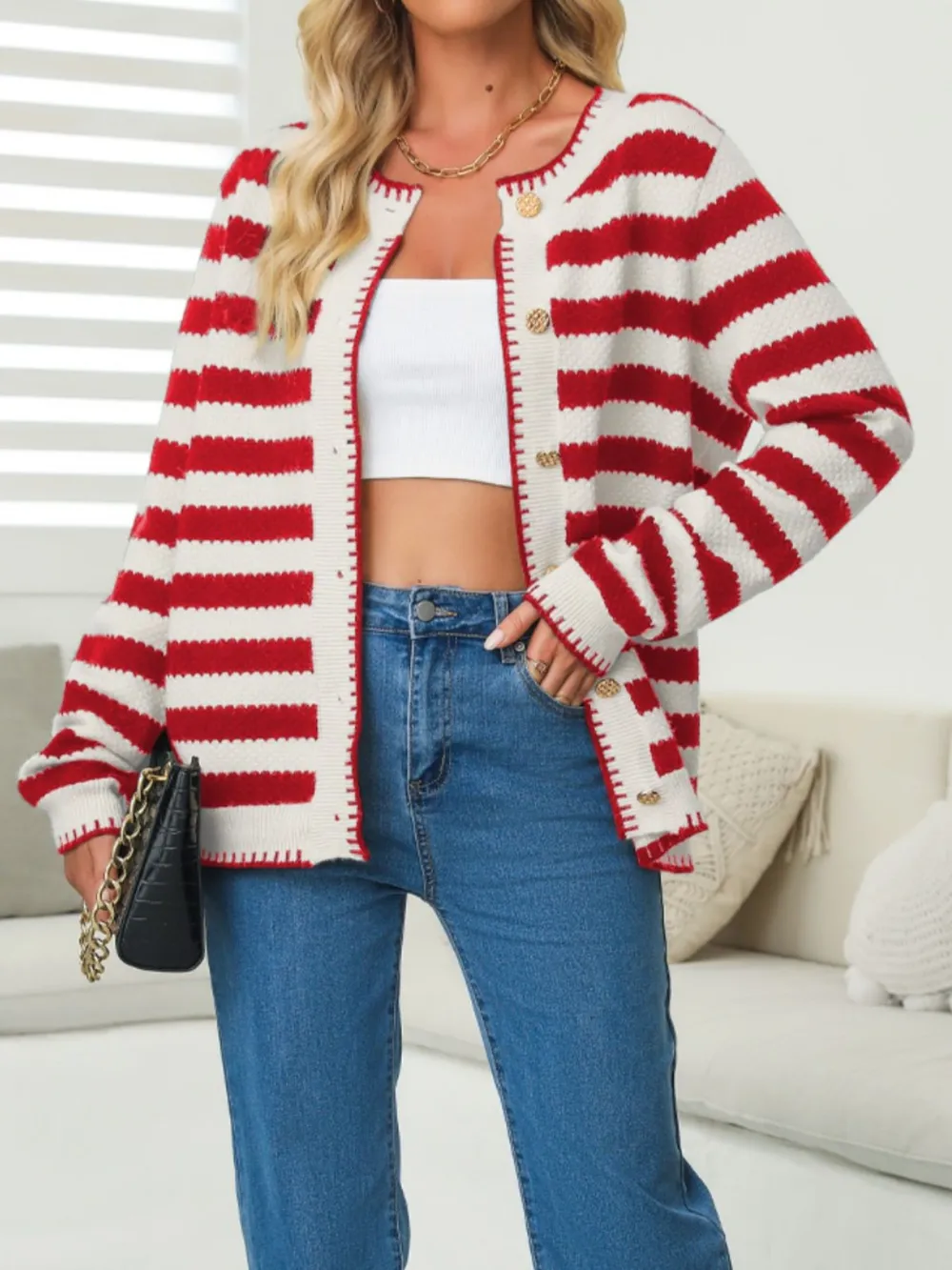 Button Down Striped Long Sleeve Cardigan, image 6