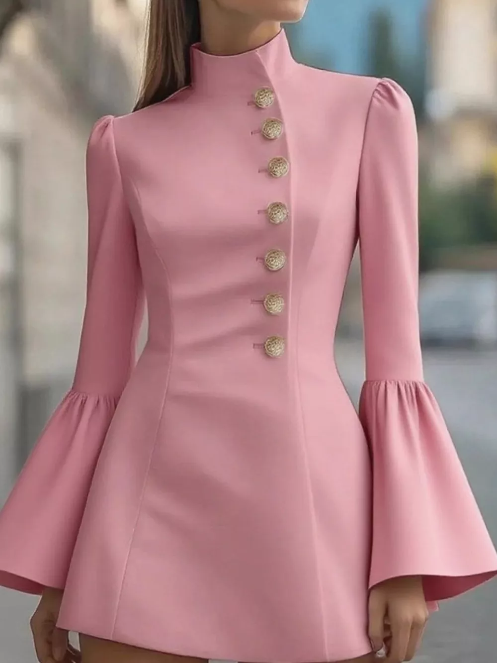 Bell Sleeve Mini Dress with Front Button, image 5