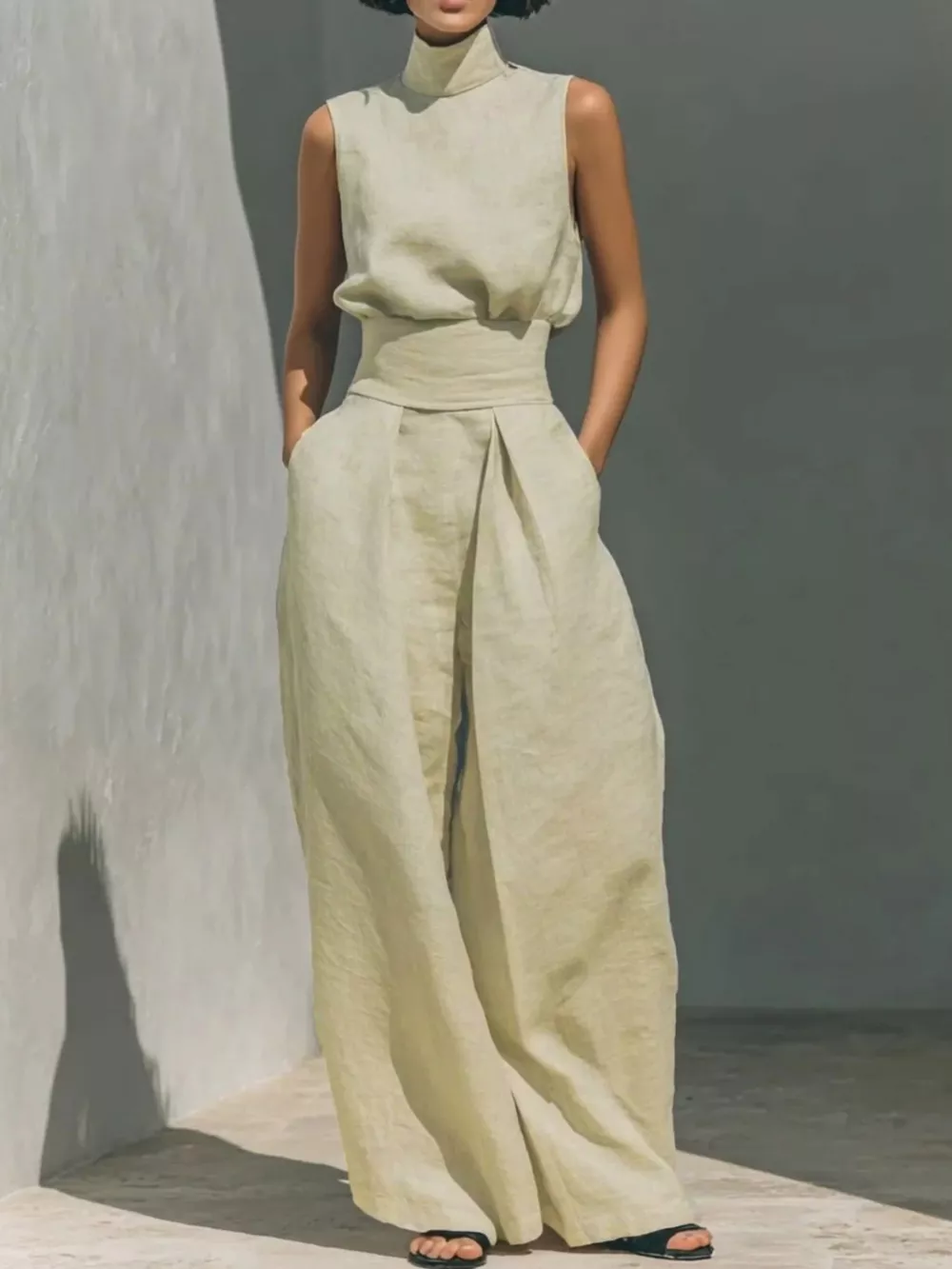 Turtleneck Sleeveless Top and Wide-Leg Pants Set