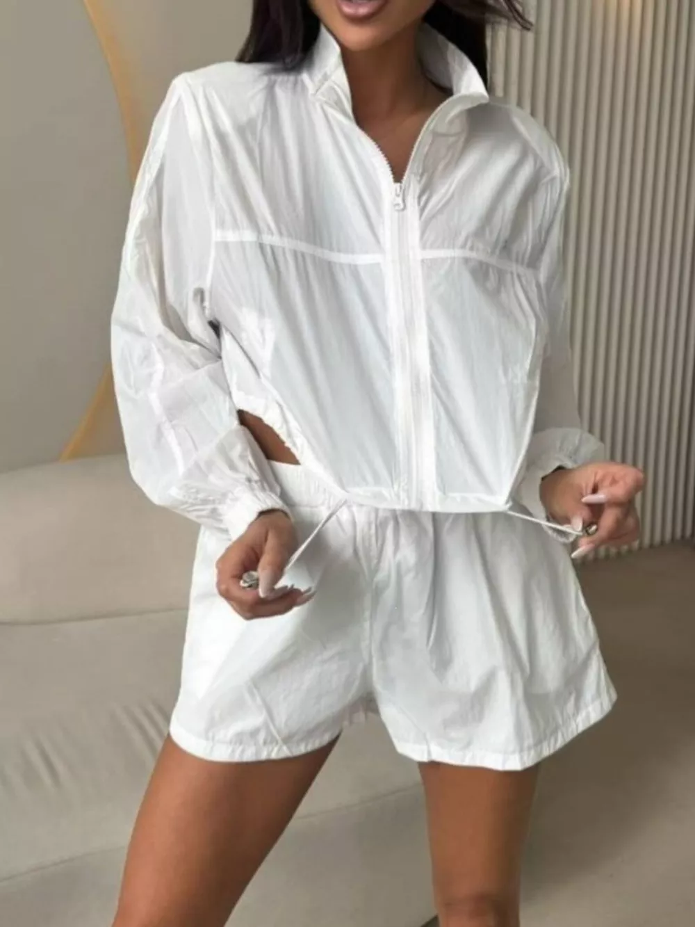 Zip-Up Crop Jacket and High-Waisted Shorts Set, image 12