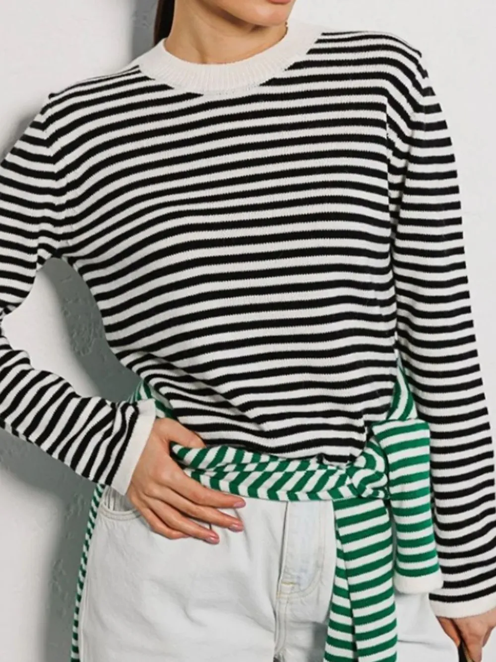 Striped Round Neck Long Sleeve Sweater, image 2