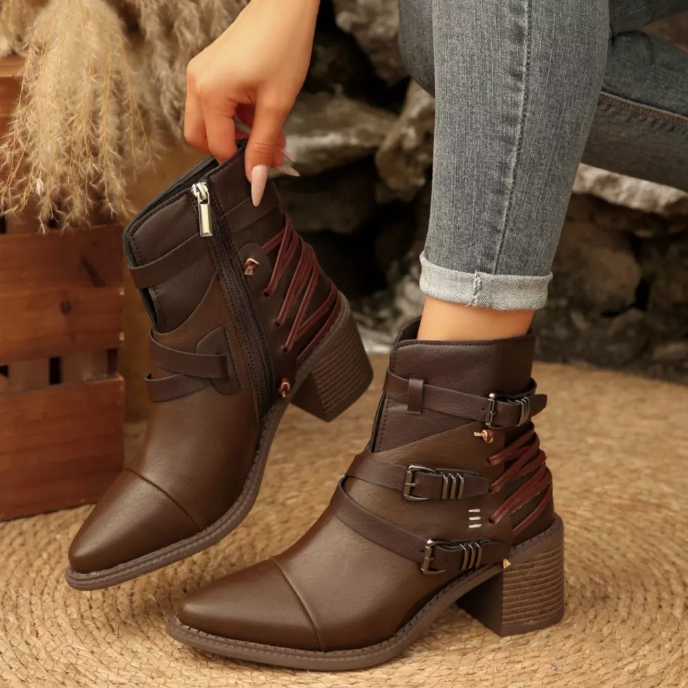 Point Toe Buckle Strap Ankle Boots with Block Heels, image 2