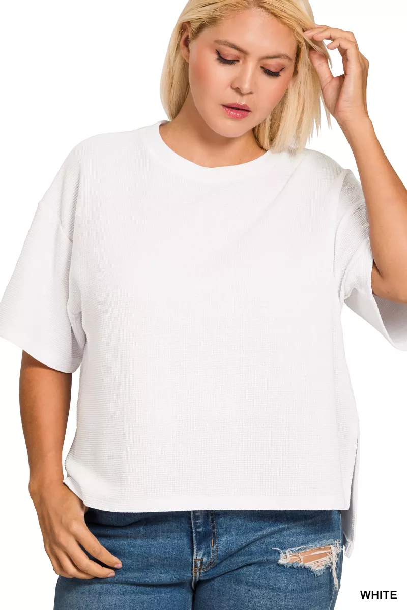 Full Size Double Knit Side Slits Hi Low Short Sleeve Top Plus Size, image 3