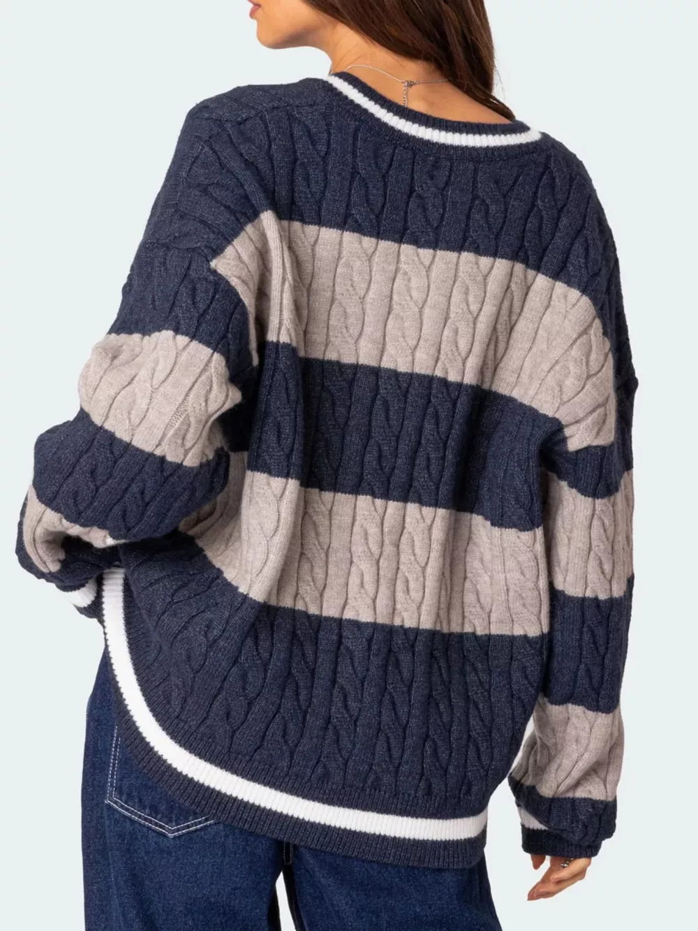 Striped Cable Knit V-Neck Sweater, image 9