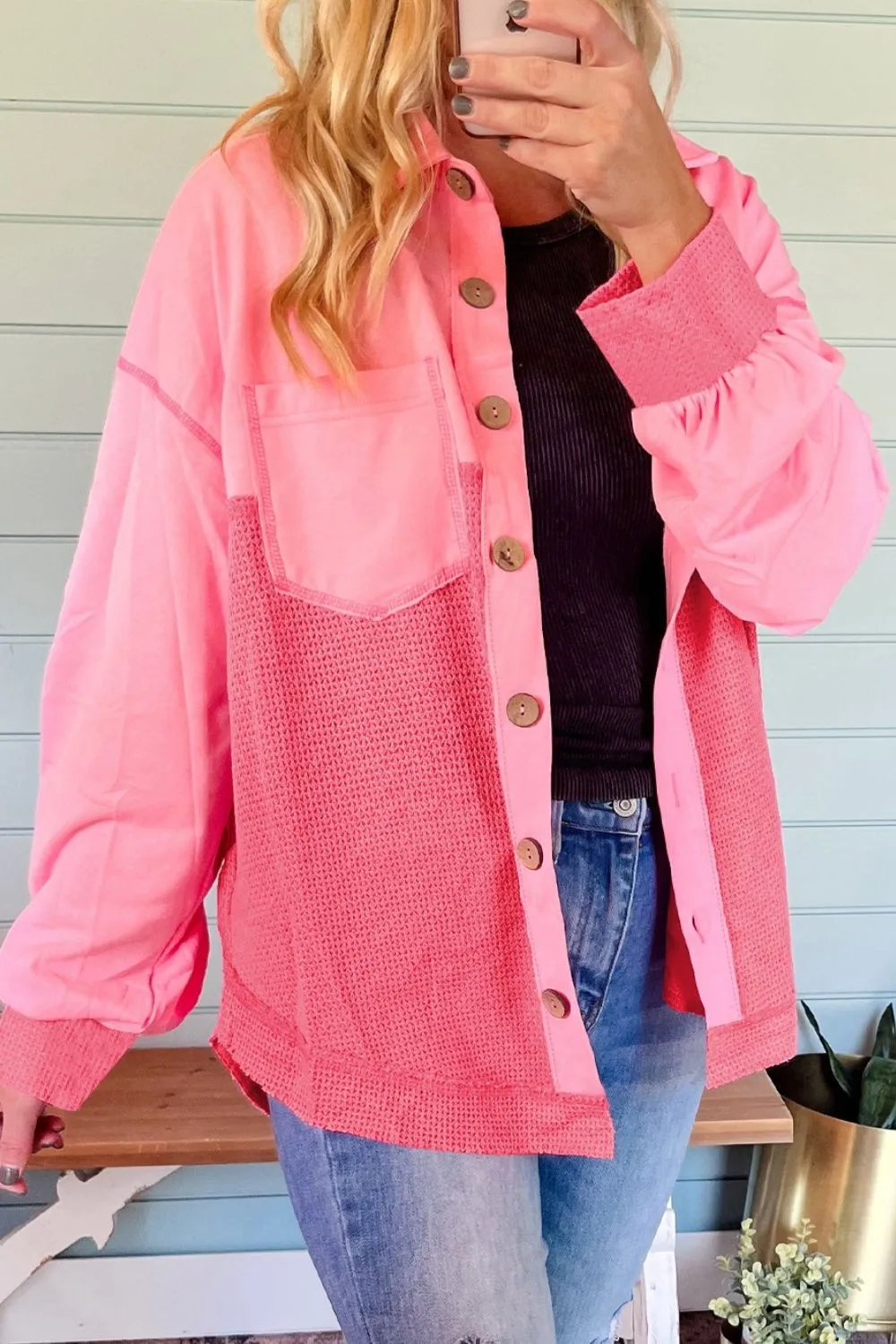 Two Tone Button Up Drop Shoulder Shacket, image 7