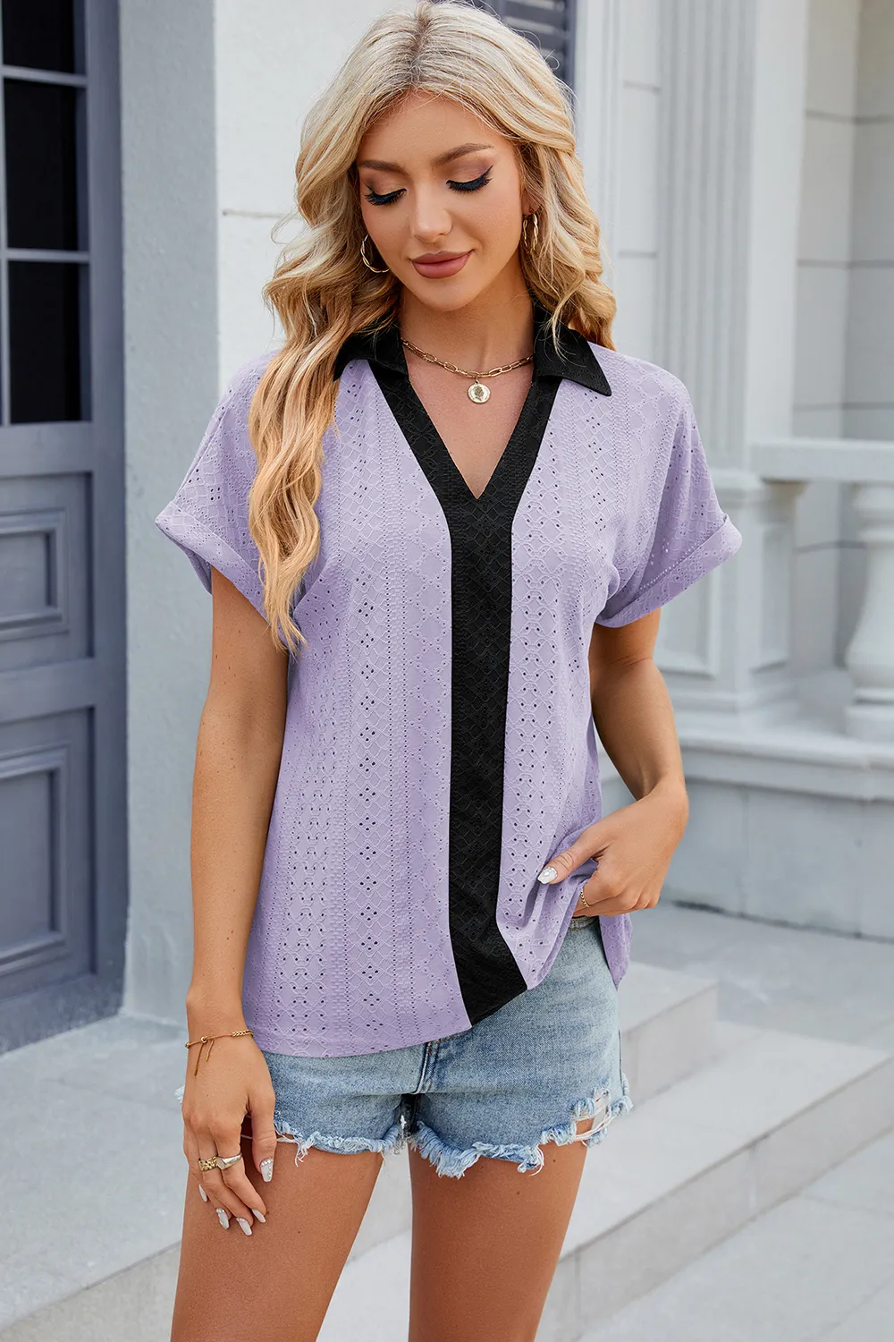 Eyelet Johnny Collar Short Sleeve T-Shirt, image 30
