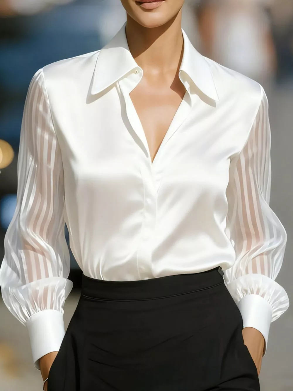 Collared Neck Sheer Sleeve Shirt, image 9
