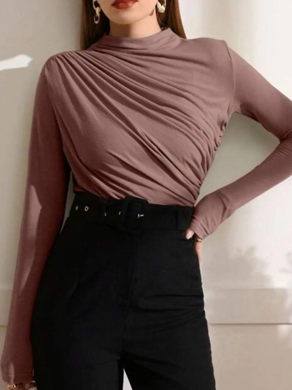 Mock Neck Ruched Long Sleeve T-Shirt, image 20