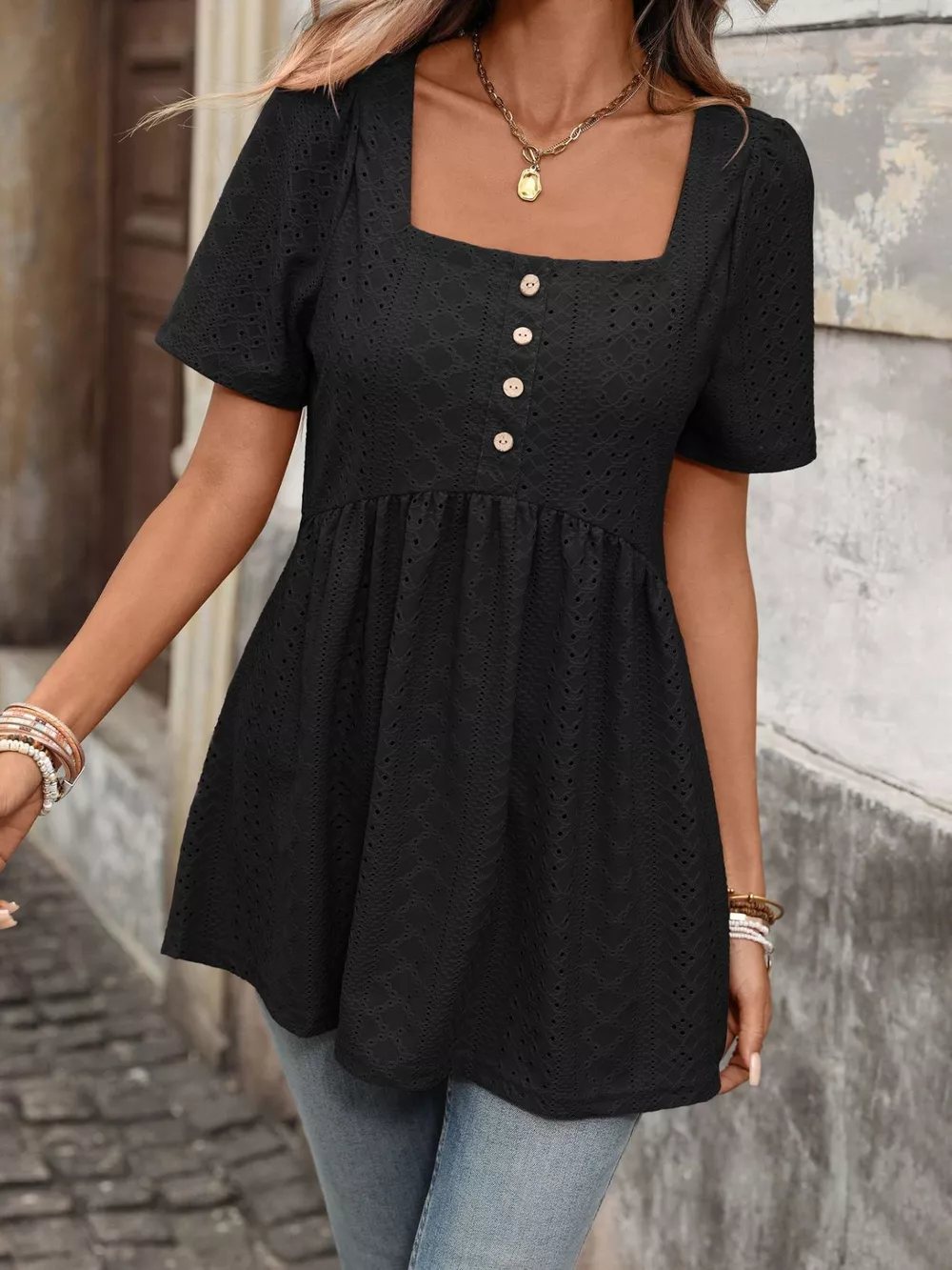 Eyelet Square Neck Short Sleeve Top, image 13