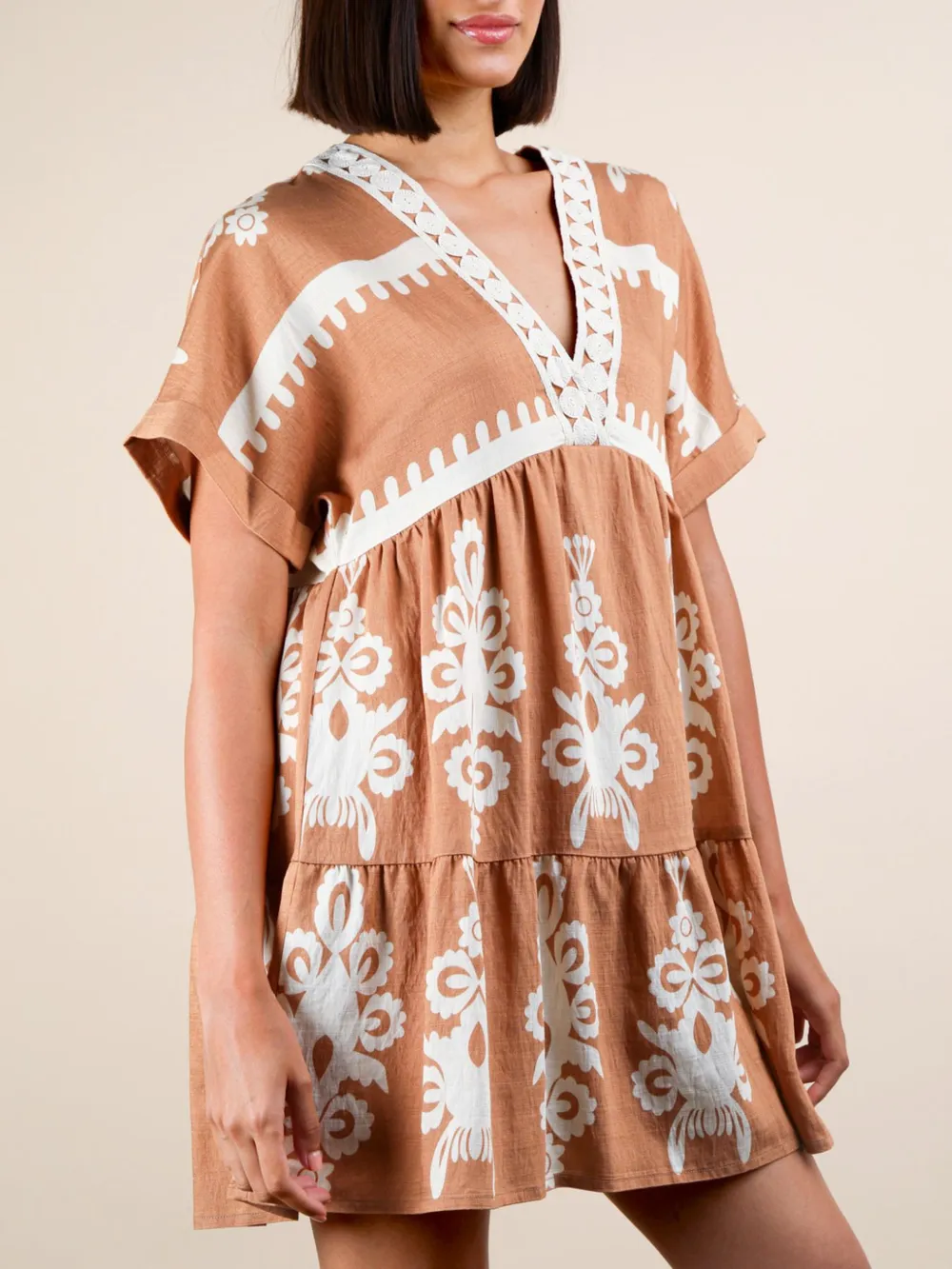 Printed V-Neck Short Sleeve Mini Dress, image 7