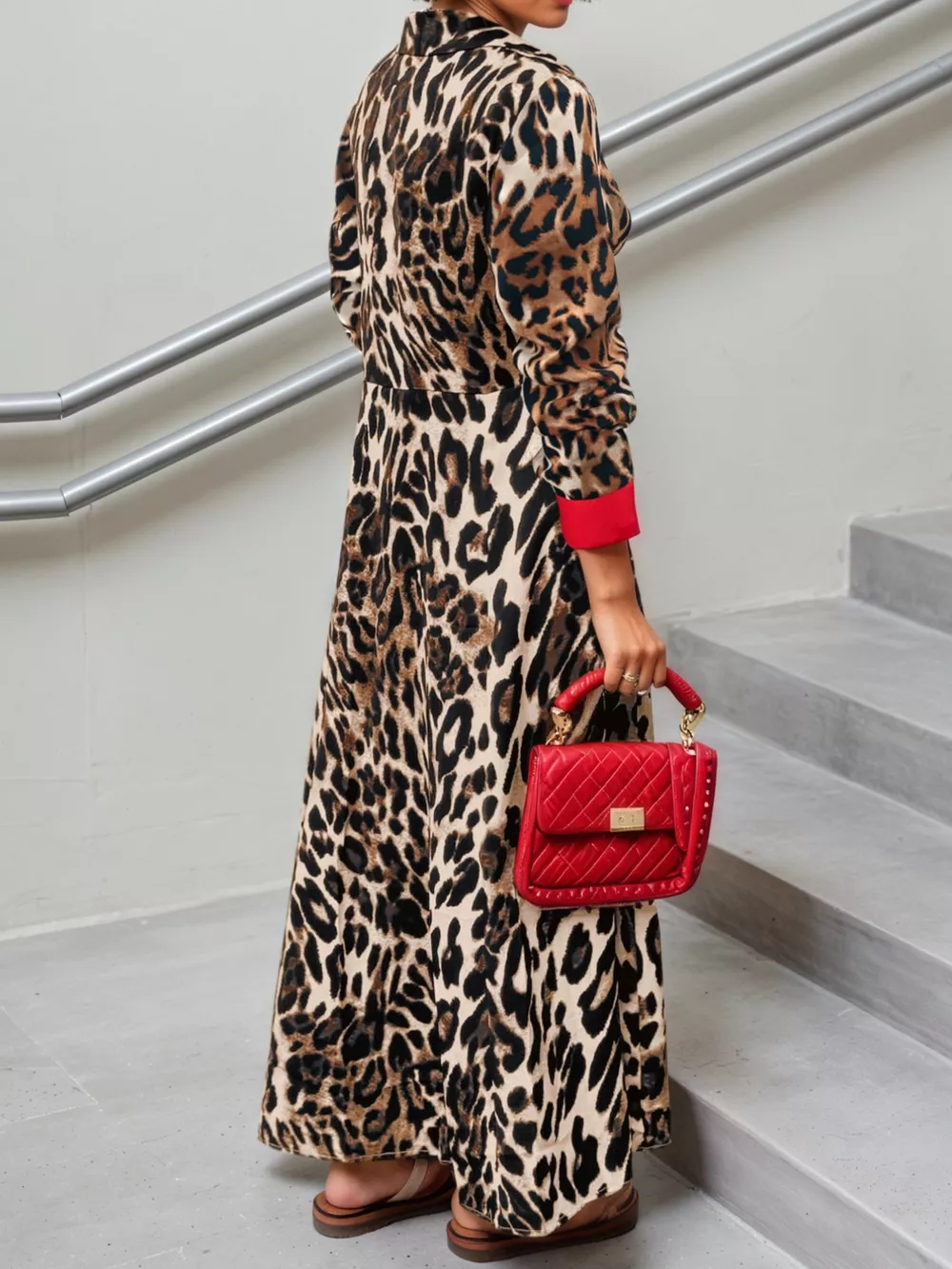 Leopard Print Long Sleeve Shirt Dress with Contrast Trim, image 10