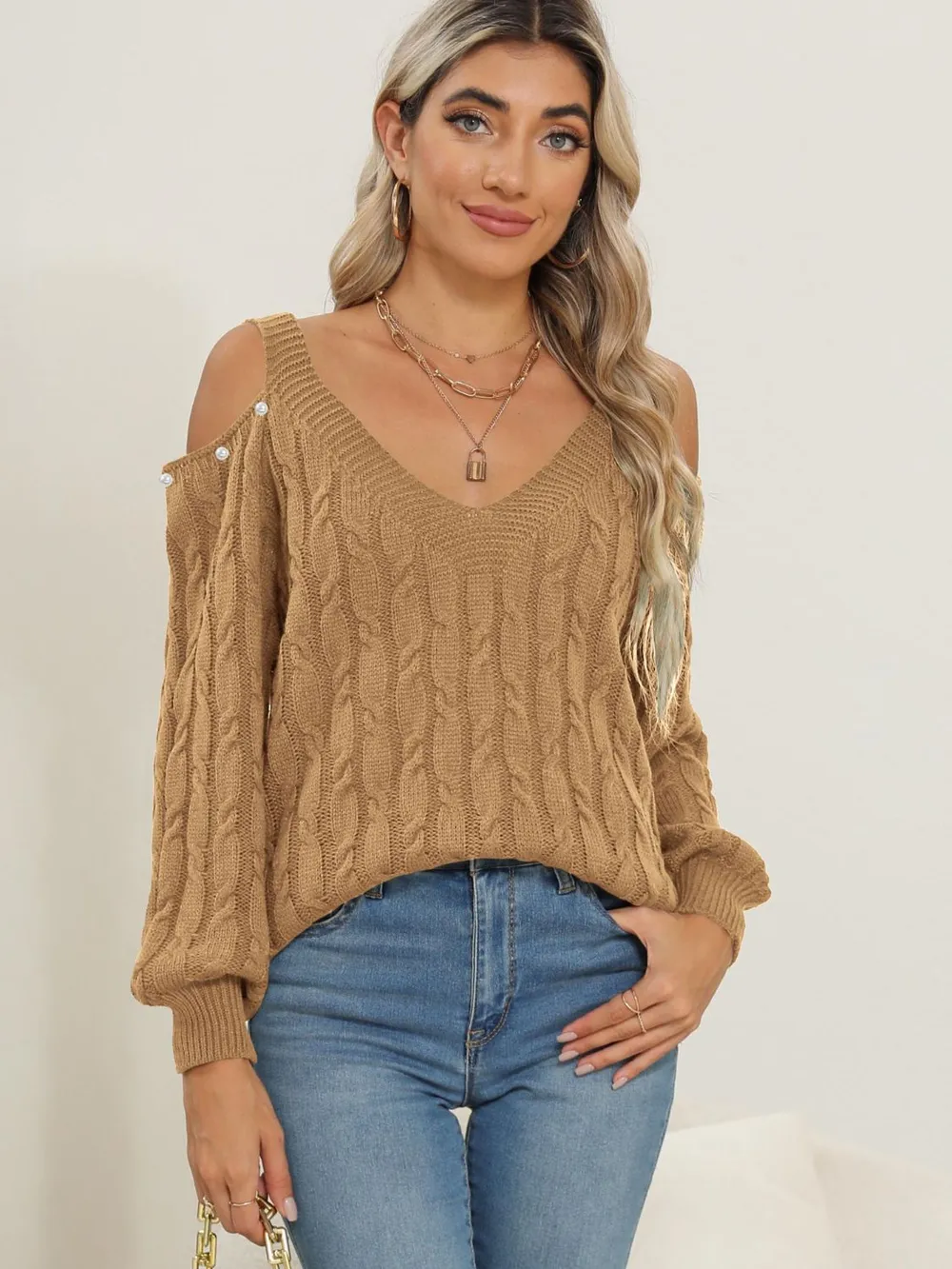 Cable-Knit Cold Shoulder Sweater, image 12