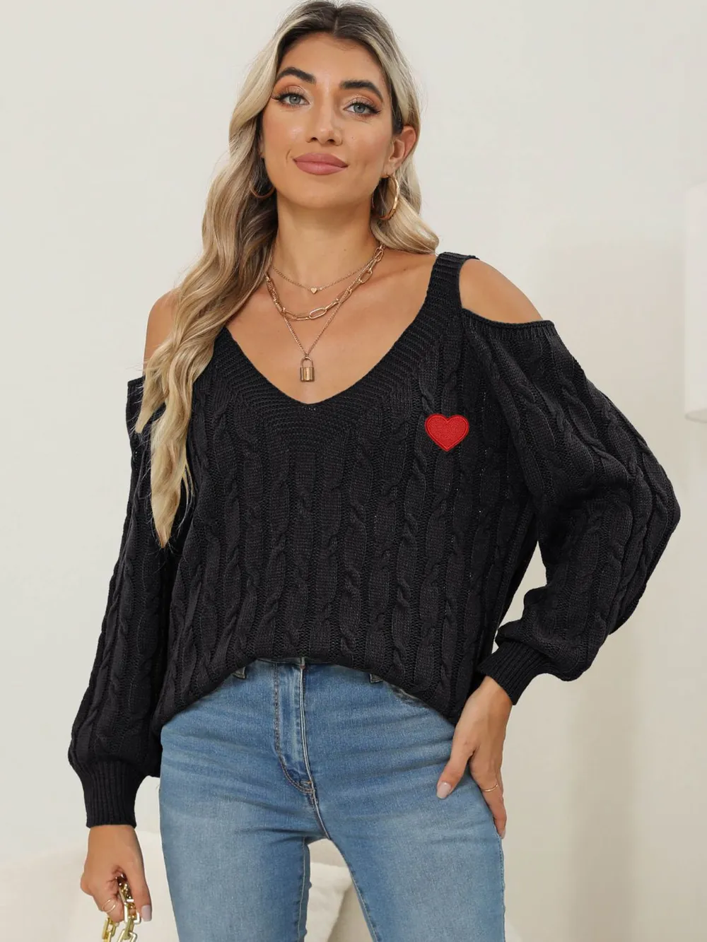 Cable-Knit Heart V-Neck Sweater, image 5