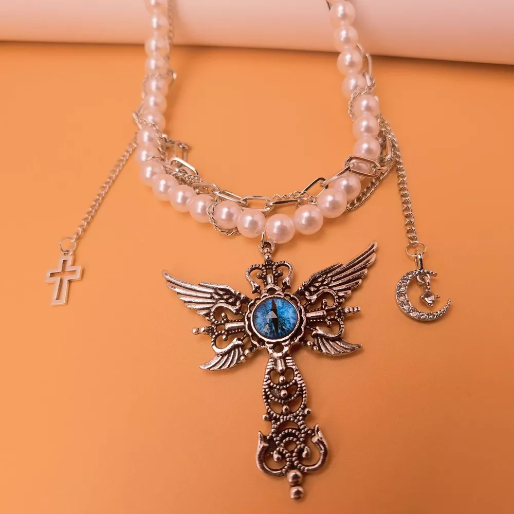 Gothic Pearl Double Layered Necklace with Wing Pendant, image 6