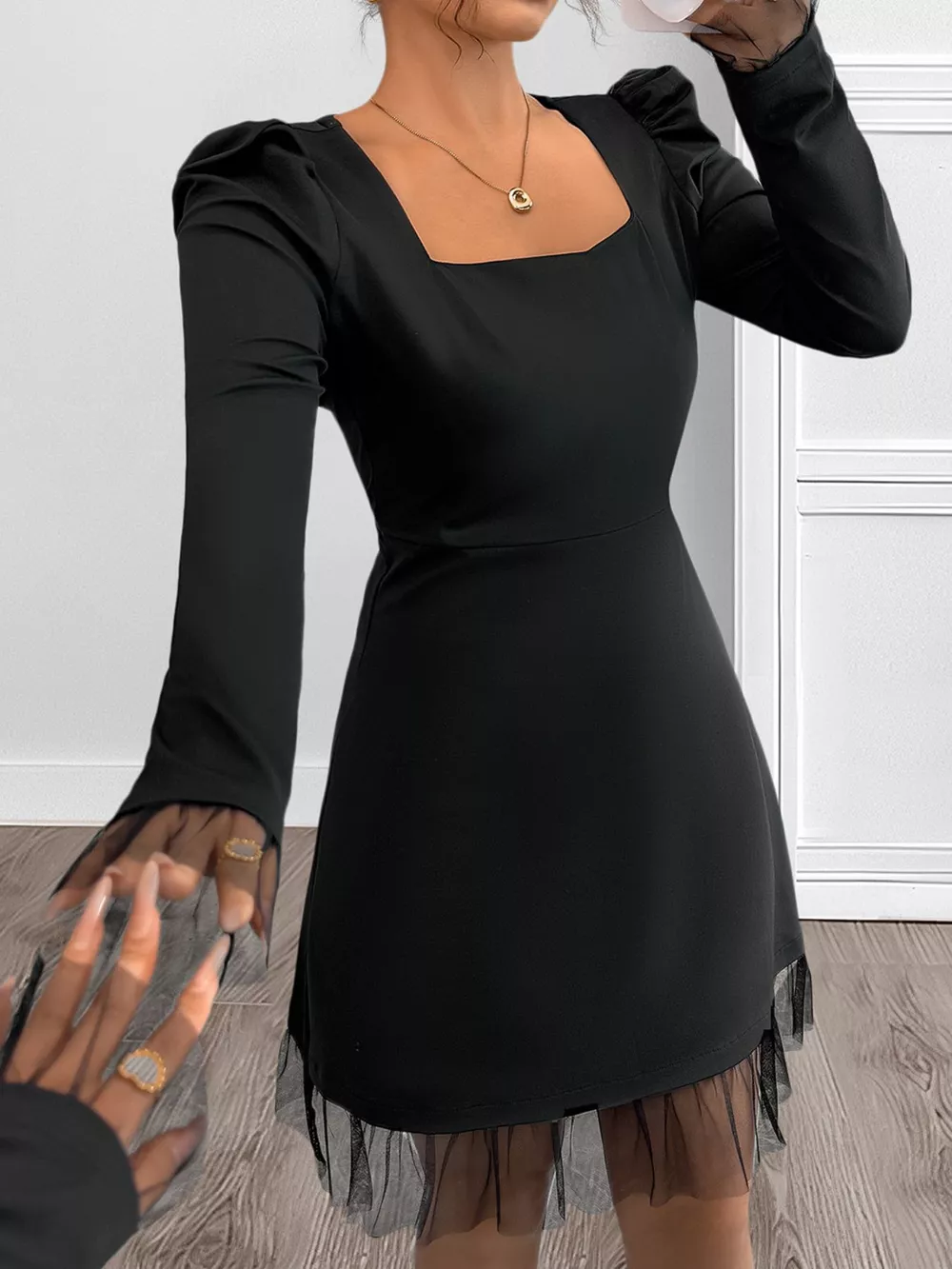 Square Neck Puff Sleeve Mesh Hem Dress, image 7
