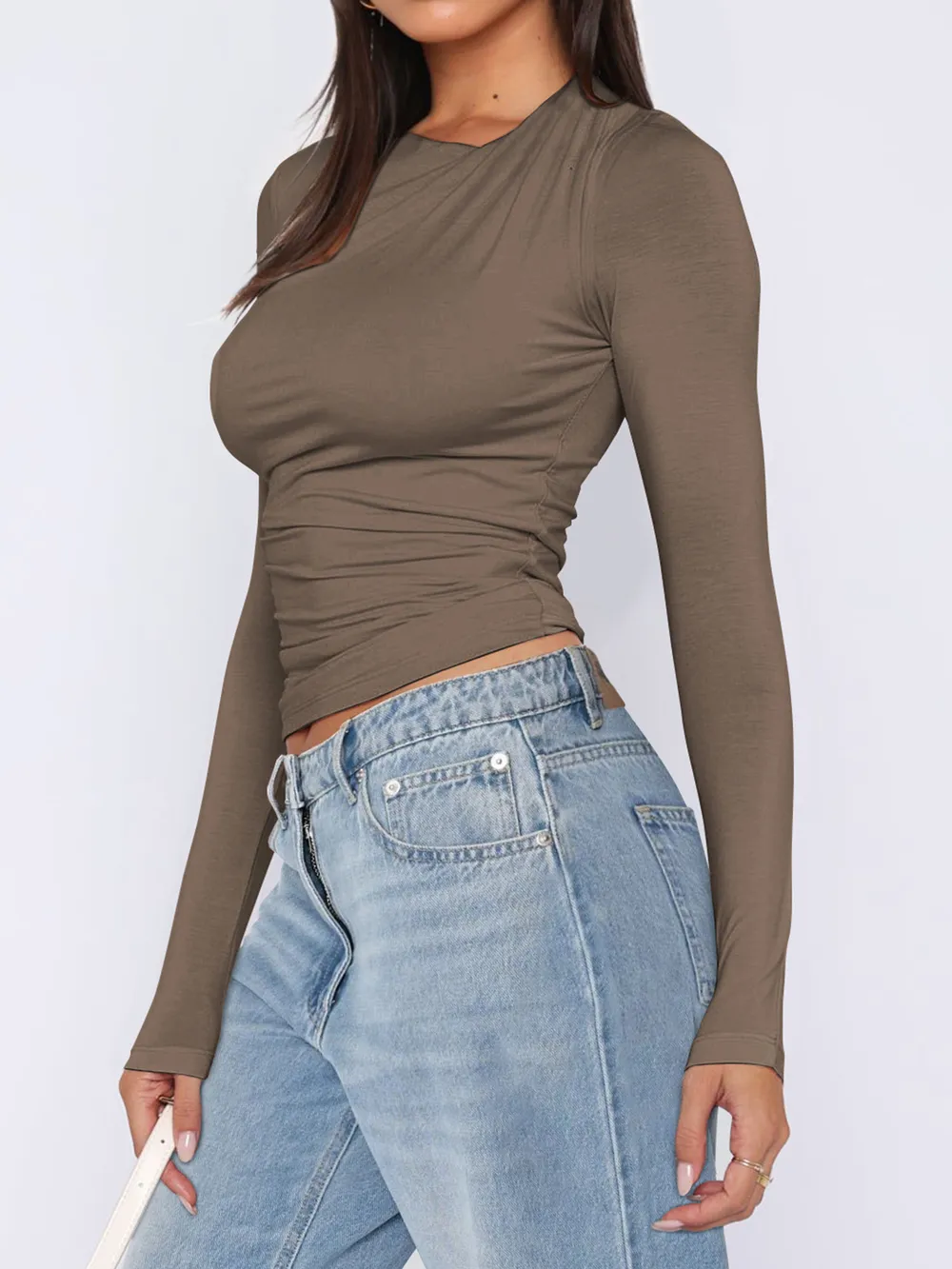 Ruched Asymmetrical Neck Long Sleeve T-Shirt, image 12