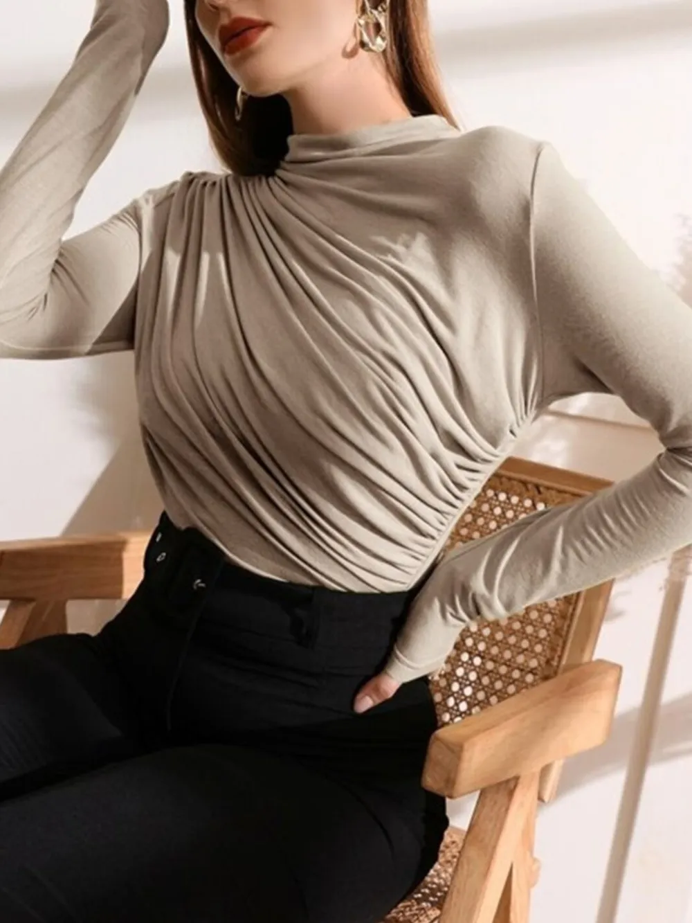 Mock Neck Ruched Long Sleeve T-Shirt, image 4