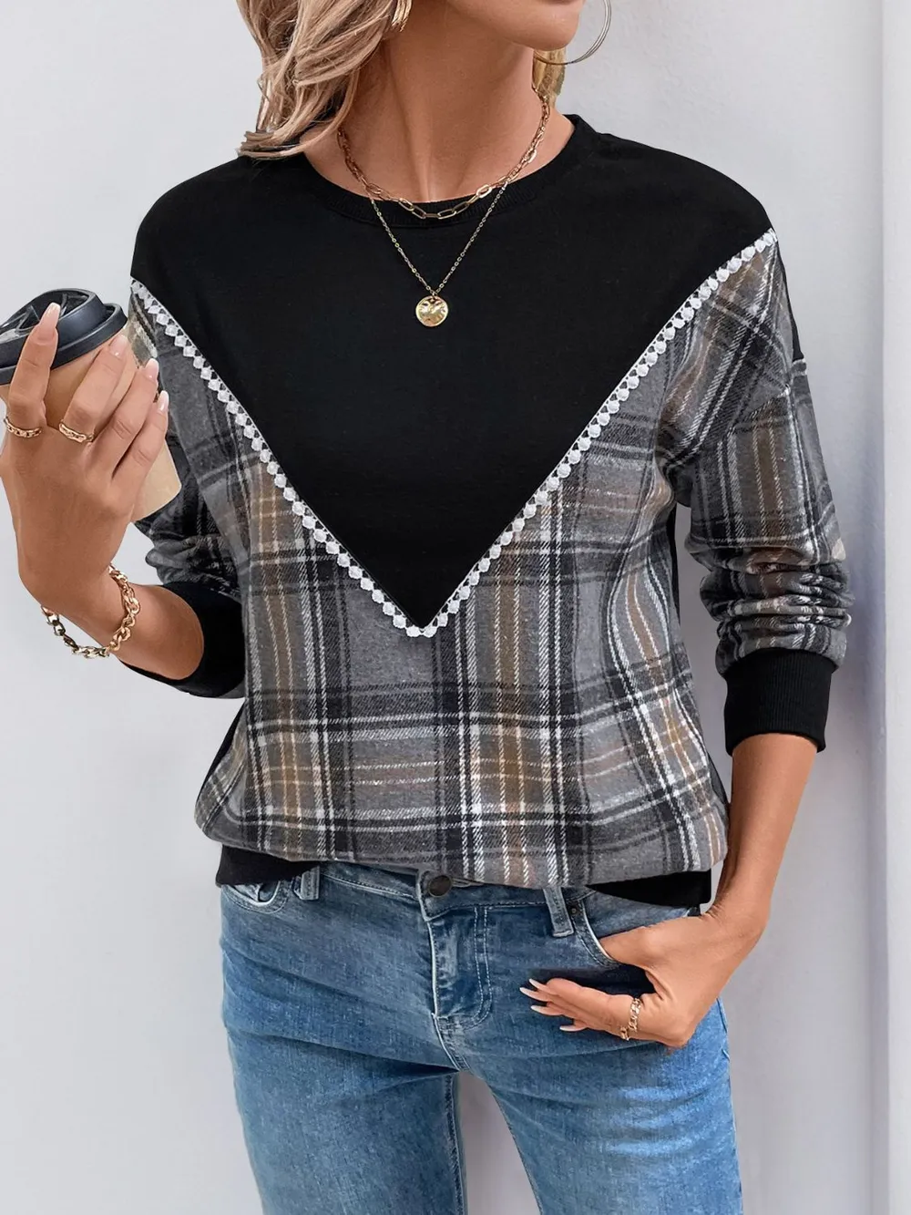 Plaid Round Neck Long Sleeve Sweatshirt, image 3