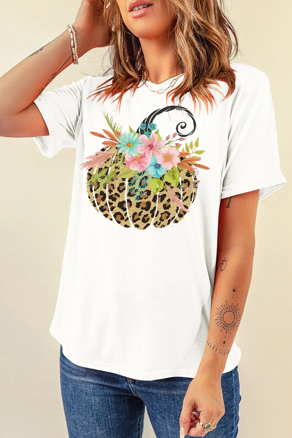Pumpkin Graphic Round Neck Short Sleeve T-Shirt, image 2