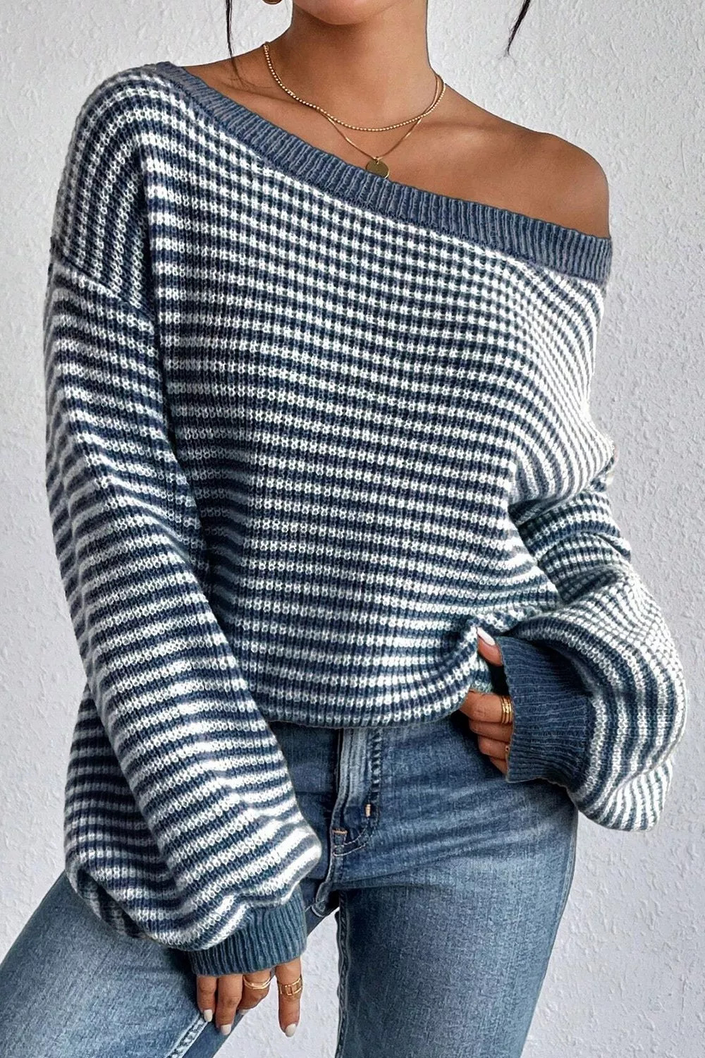 Striped Lantern Sleeve Drop Shoulder Cozy Sweater, image 8