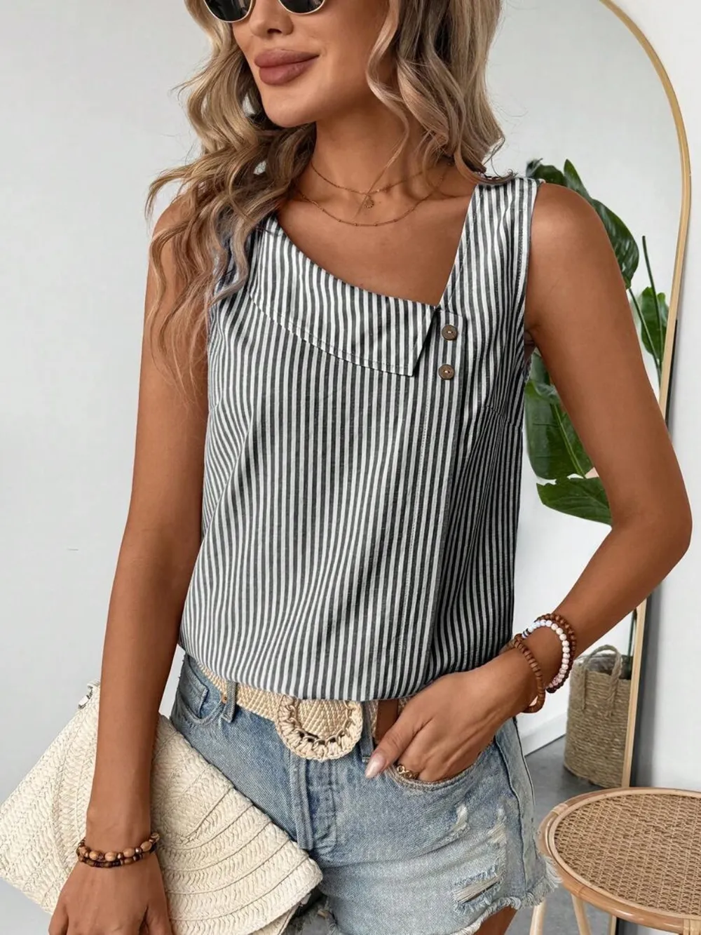 Decorative Button Asymmetrical Striped Tank, image 10