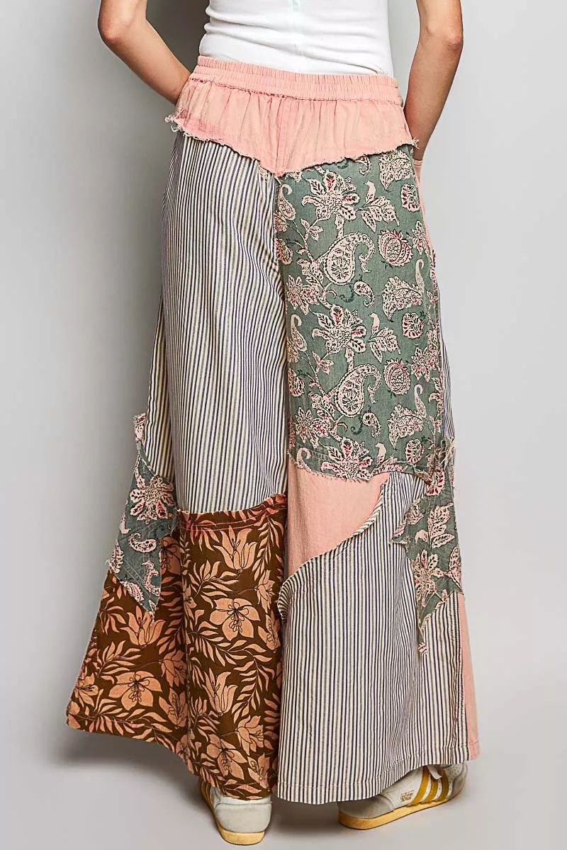 Striped Floral Patchwork Wide leg Pants with Side Big Star Patch, image 2