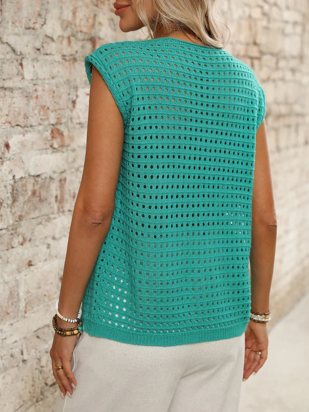 Tied Front Openwork V-Neck Knit Top, image 8
