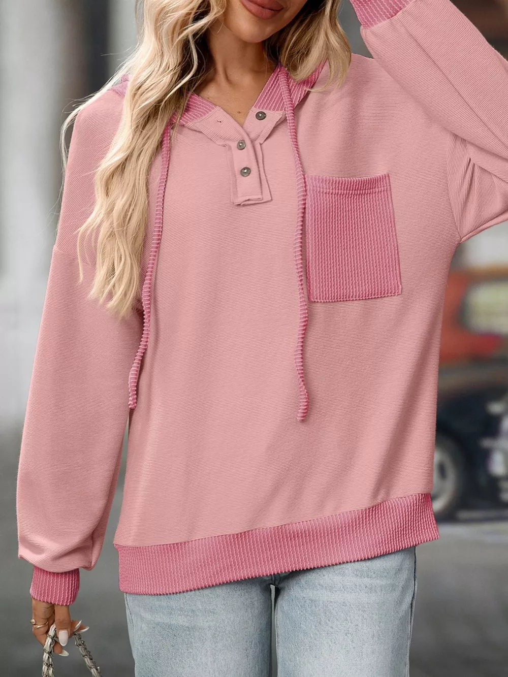 Casual Color Block Button Detail Hoodie, image 10