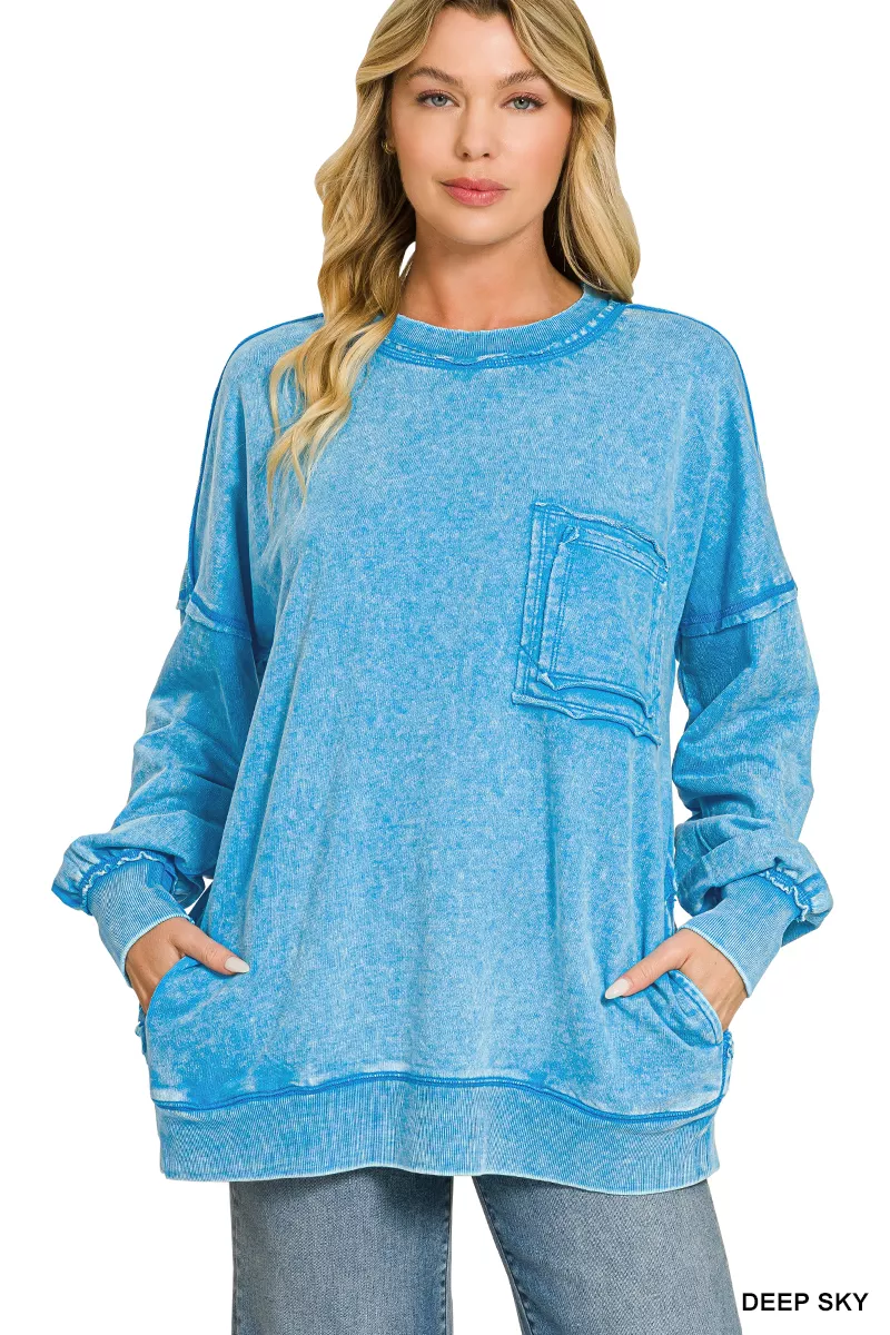 Zenana Acid Wash Raw Edge French Terry Sweatshirt with Front Pocket, image 3