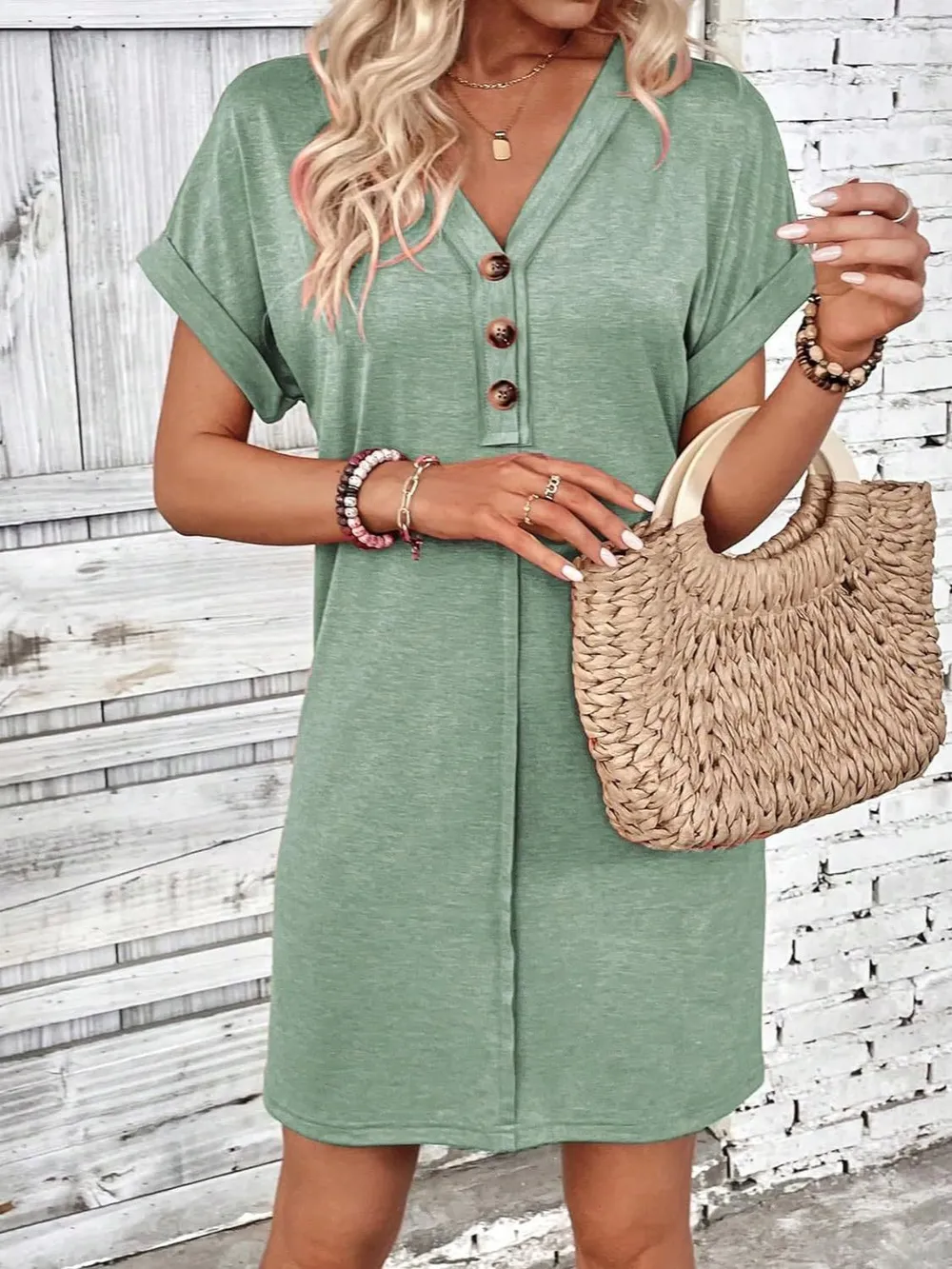 Quarter Button V-Neck Short Sleeve Dress, image 14