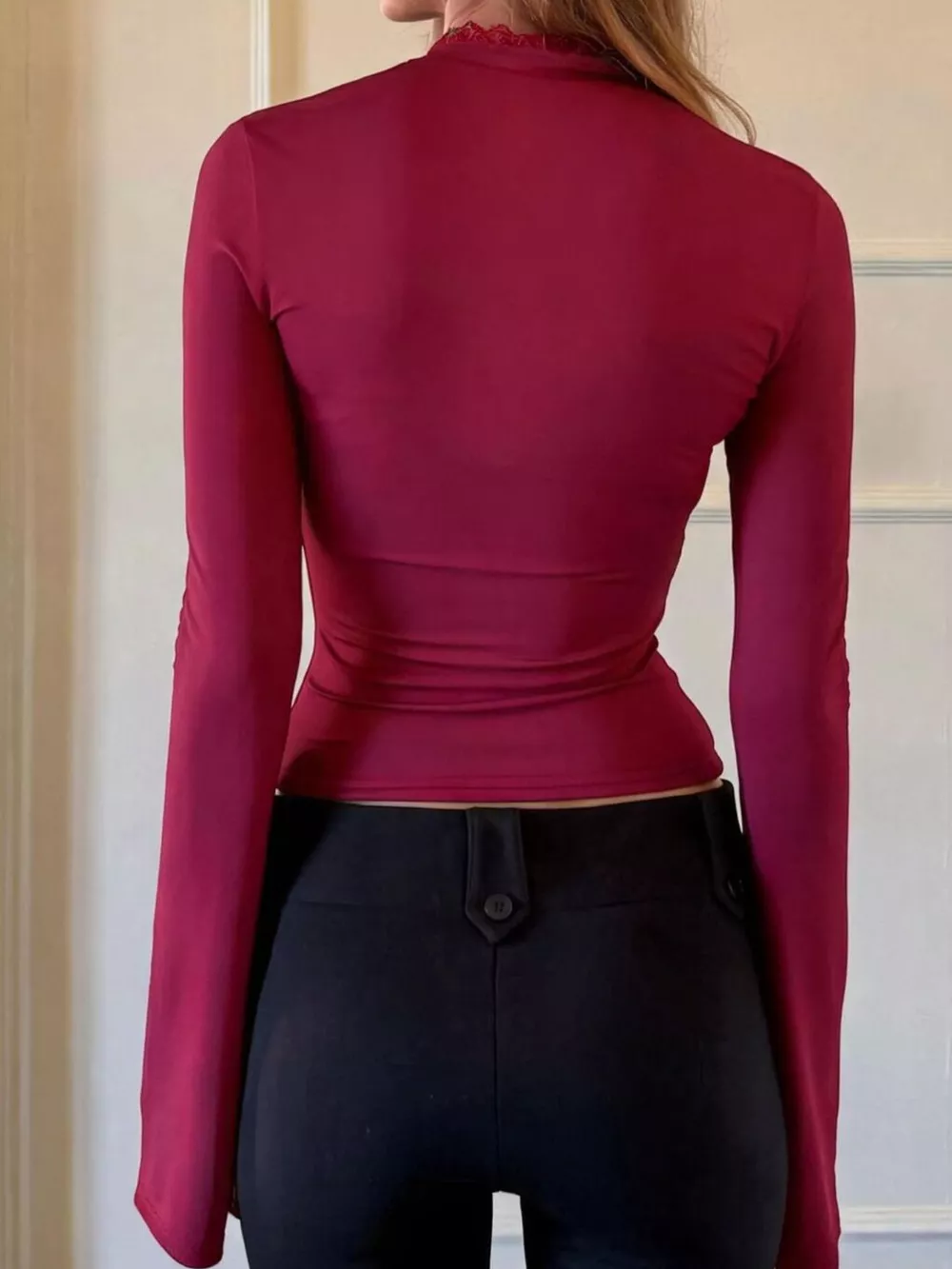 Lace-Trimmed Keyhole Long Sleeve T-Shirt, image 4