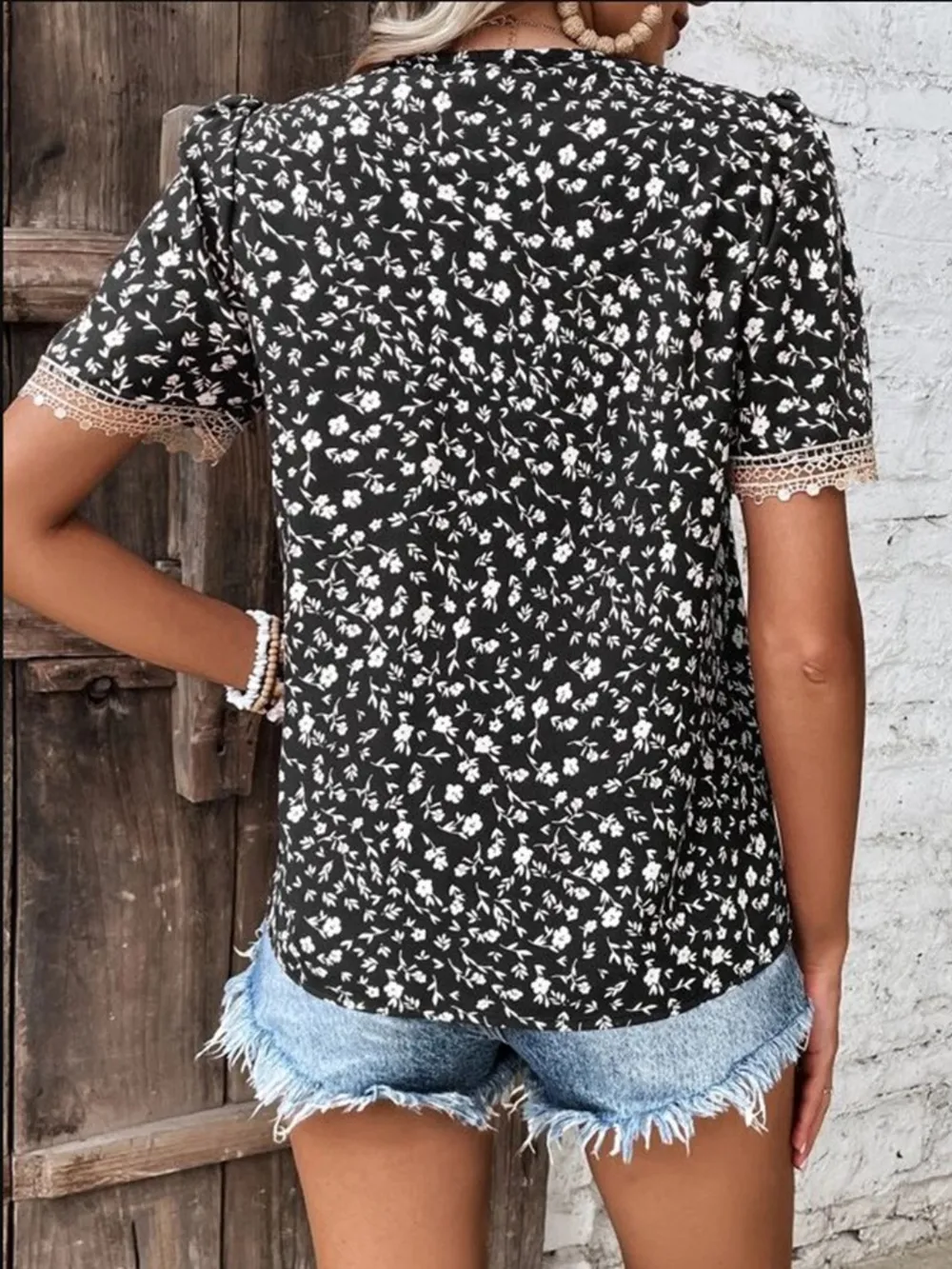 Full Size Printed V-Neck Short Sleeve Blouse, image 8