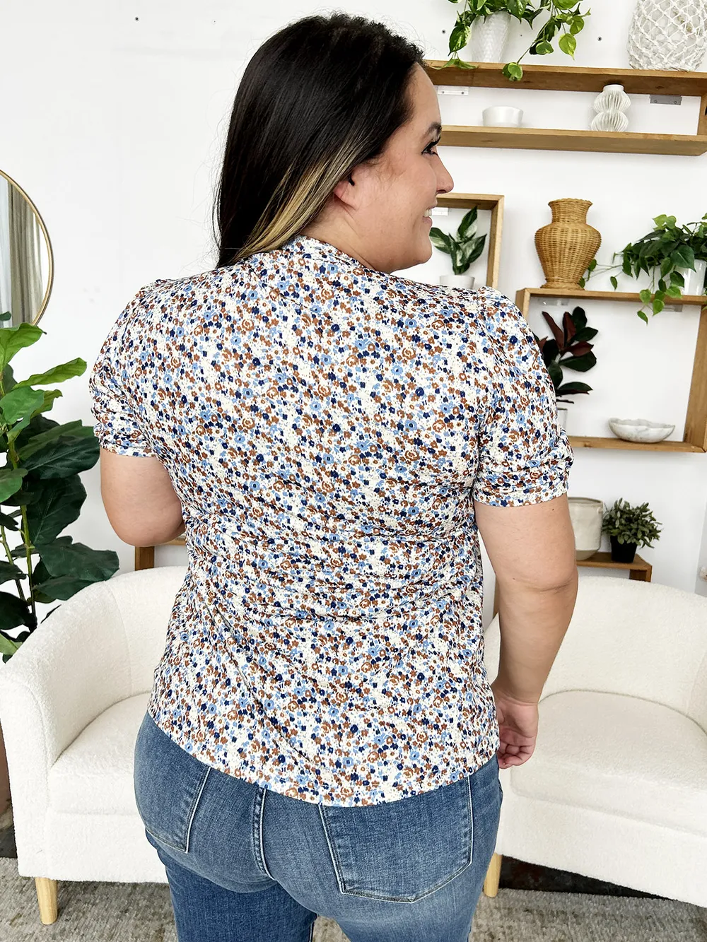 Ruched Printed Notched Short Sleeve Blouse, image 20