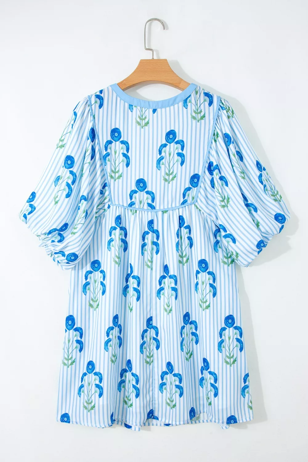 Floral Striped Print Tie Notched Neck Puff Sleeve Flared Mini Dress, image 5