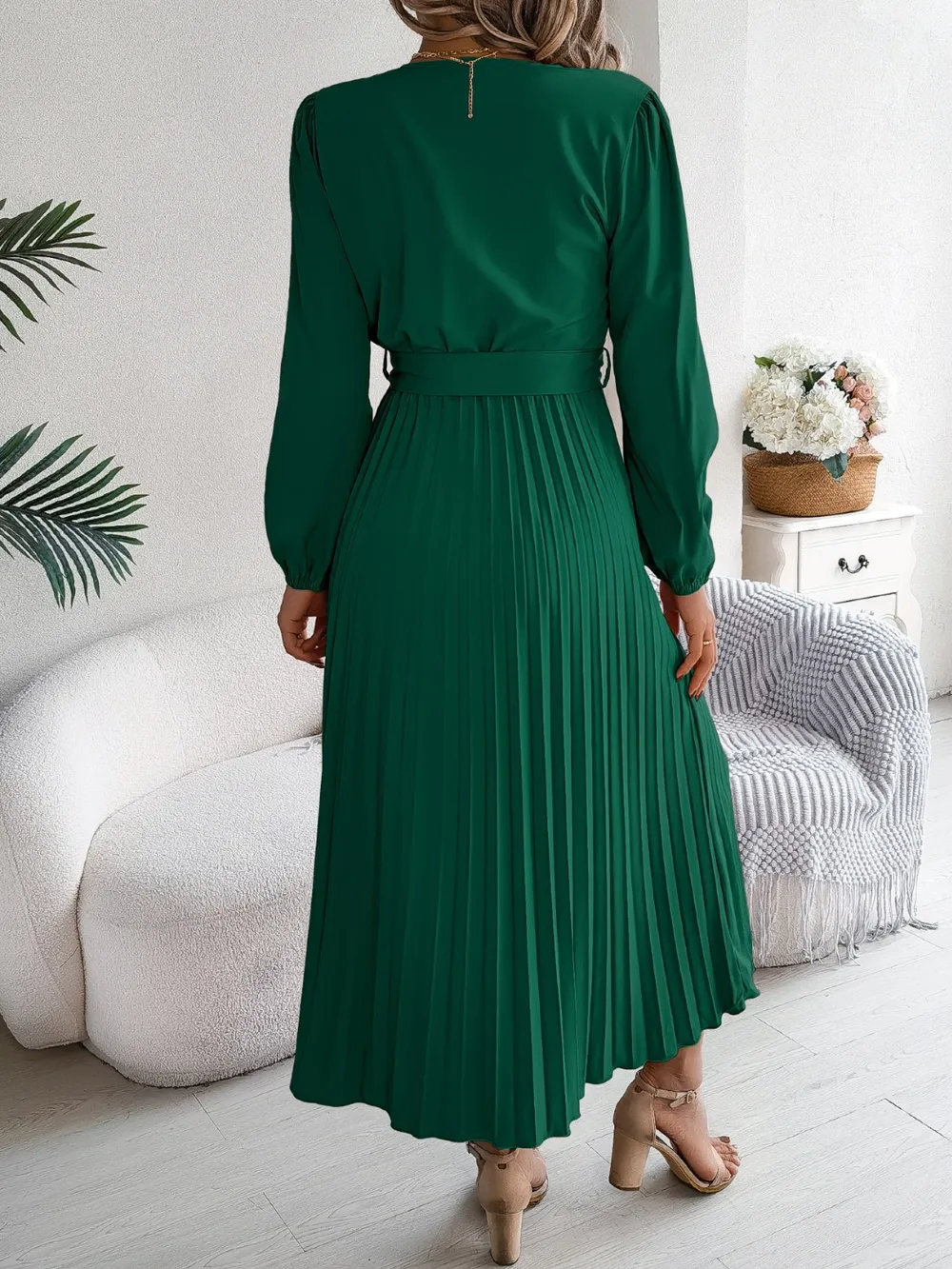 Pleated Tied V-Neck Long Sleeve Dress, image 15