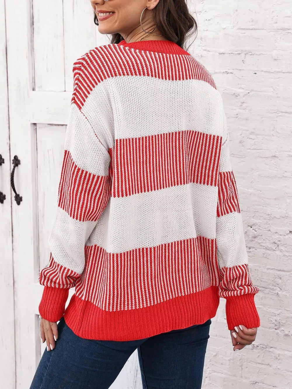 Full Size Striped Color Block Crew Neck Sweater Plus Size, image 4