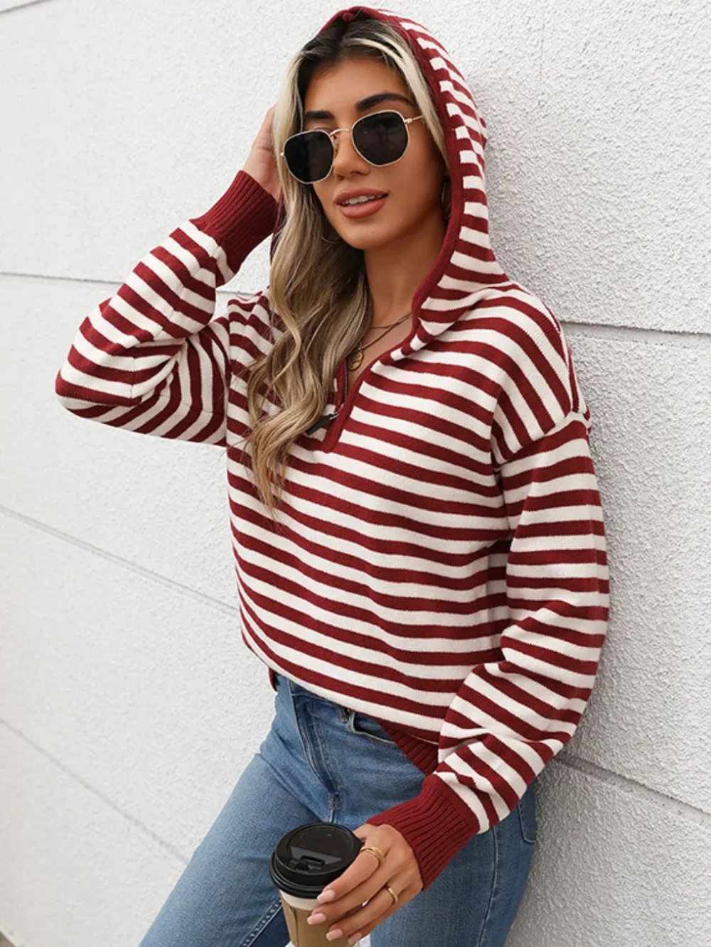 Striped Long Sleeve Hooded Sweater, image 4