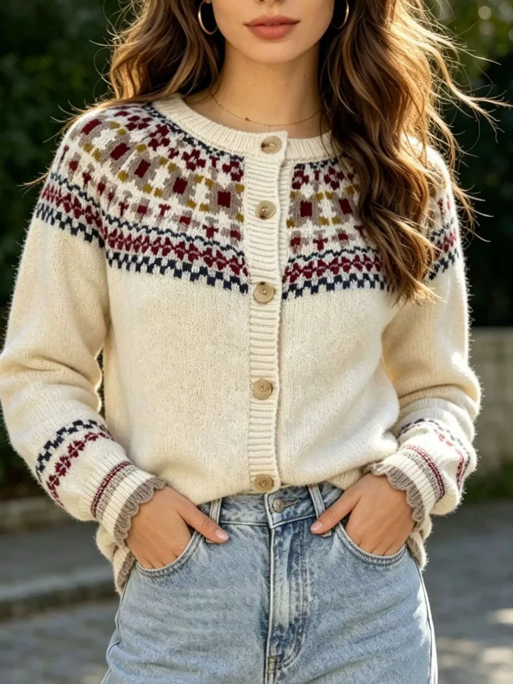Fair Isle Patterned Button-Down Knit Cardigan