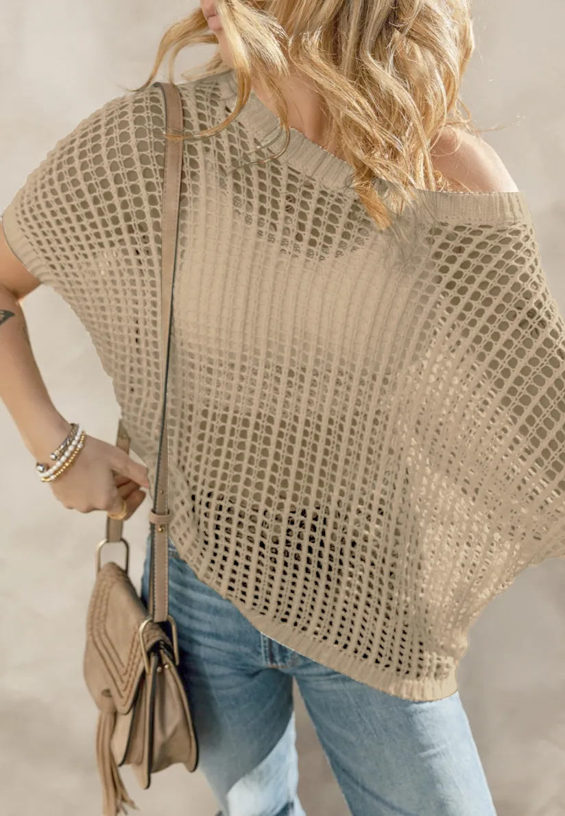 Openwork Round Neck Half Sleeve Knit Cover Up, image 8