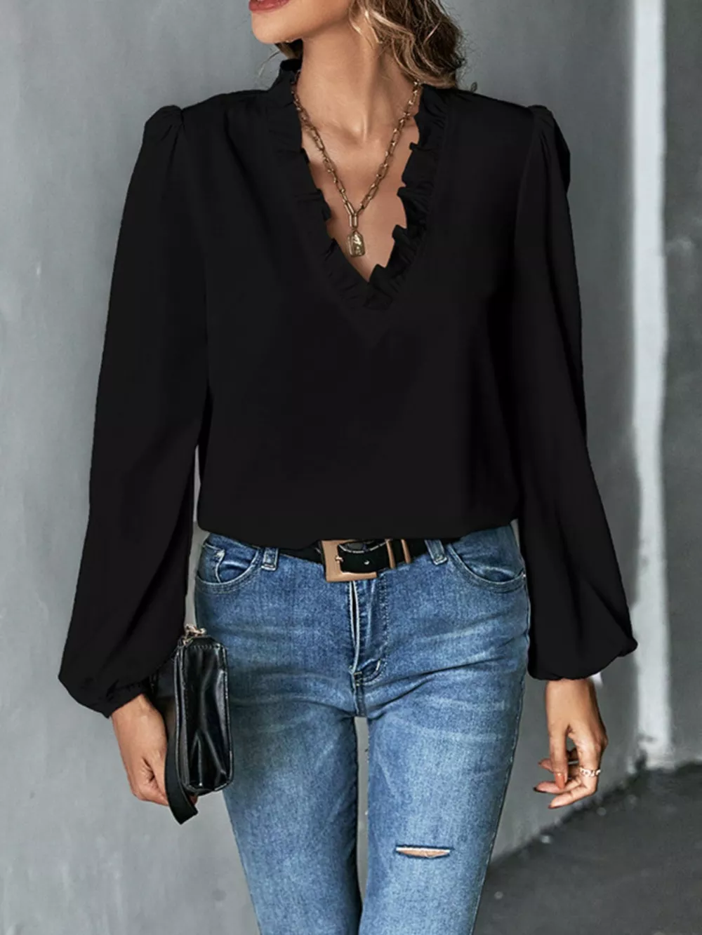 Ruffled Trim V-Neck Blouse, image 3