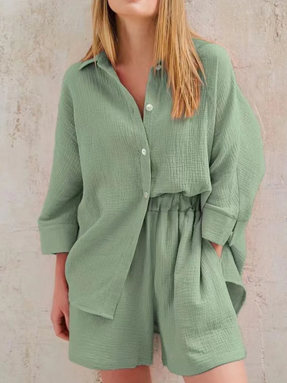 Texture Button Up Shirt and Shorts Set, image 34