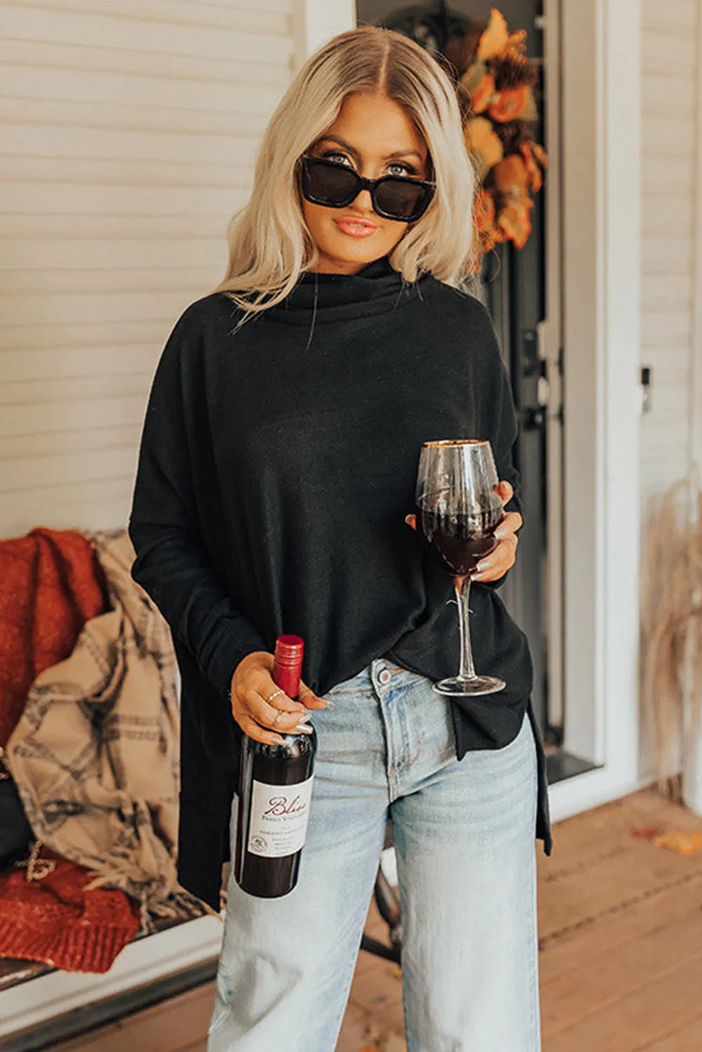 Side Slit High-Low Cowl Neck Long Sleeve Blouse, image 18