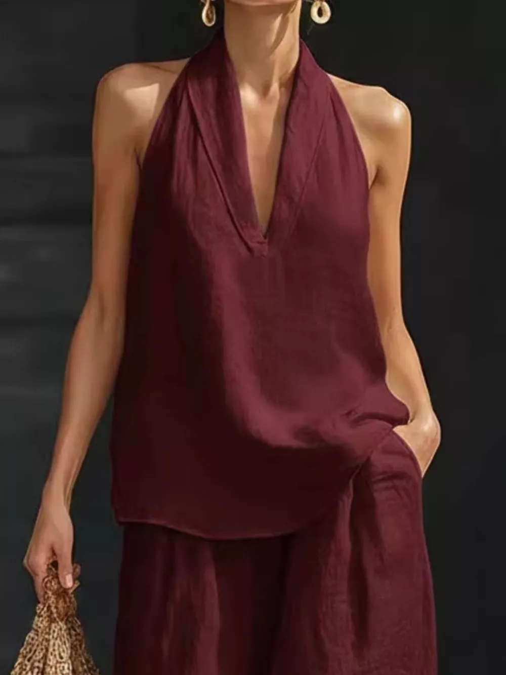 Full Size Halter Neck Top and Wide Leg Pants Set Plus Size, image 13