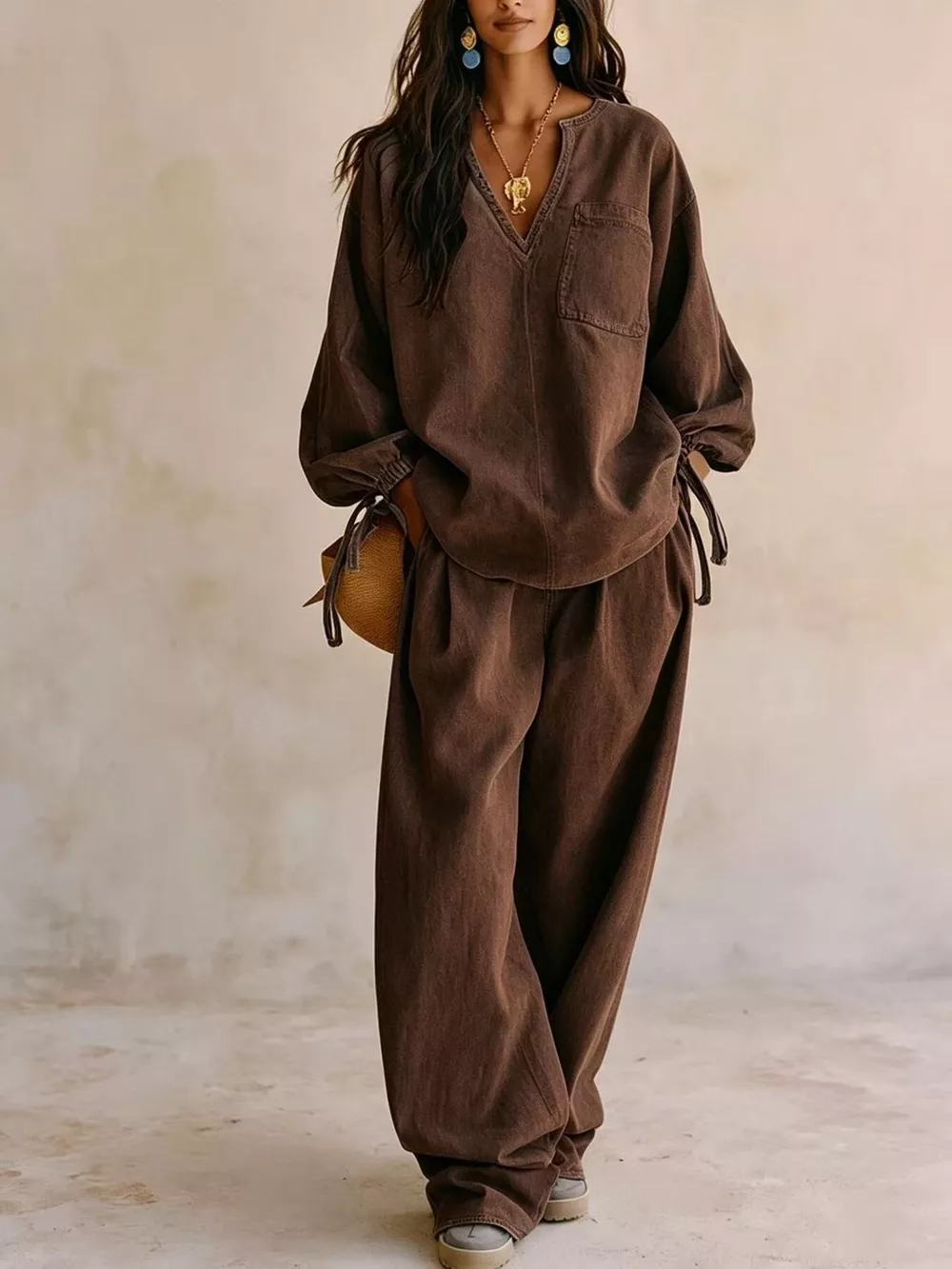 Relaxed Fit Drawstring Sleeve Detail Top and Pants Denim Set, image 10