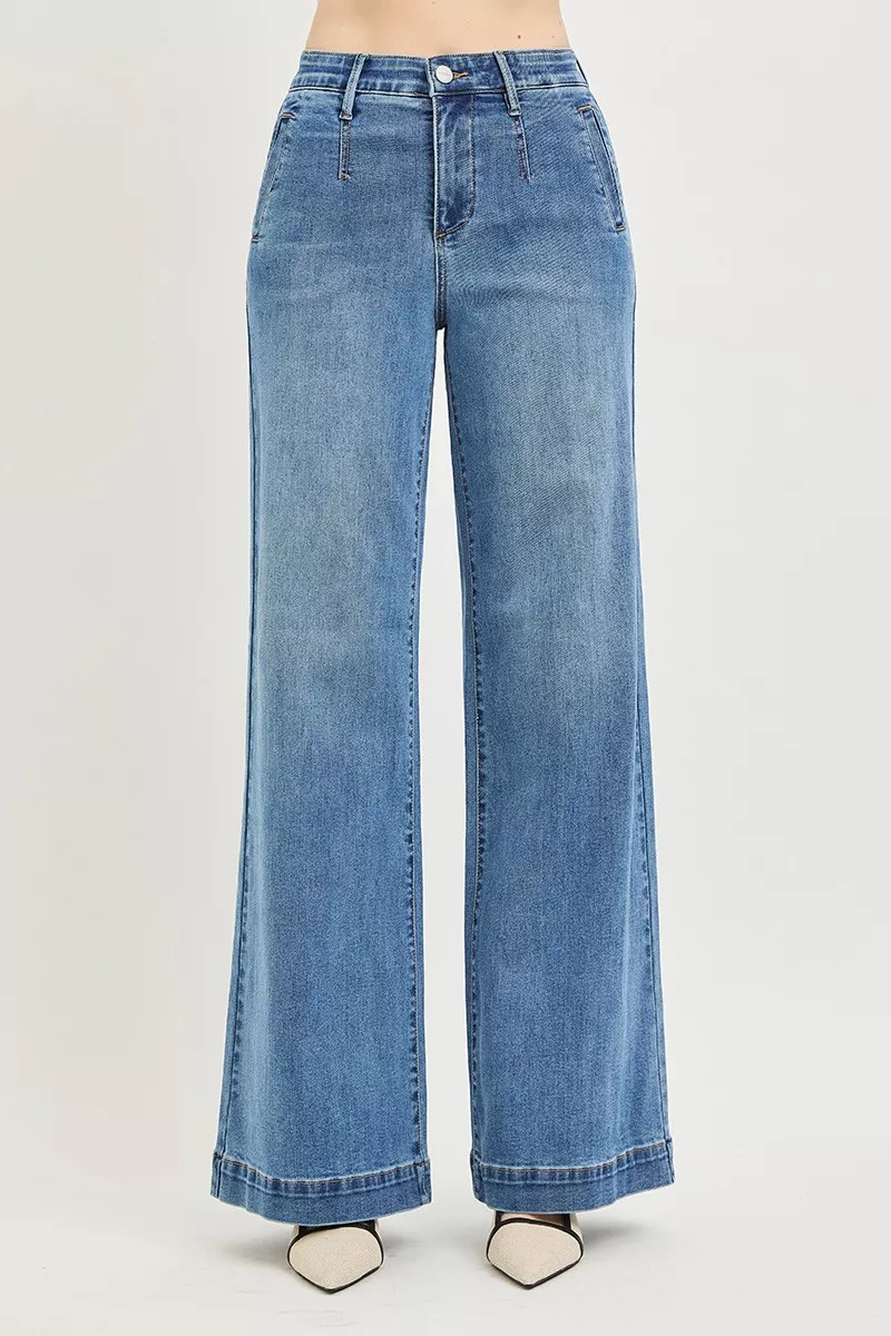 Tummy Control Elastic Band High Rise Wide Jeans, image 3