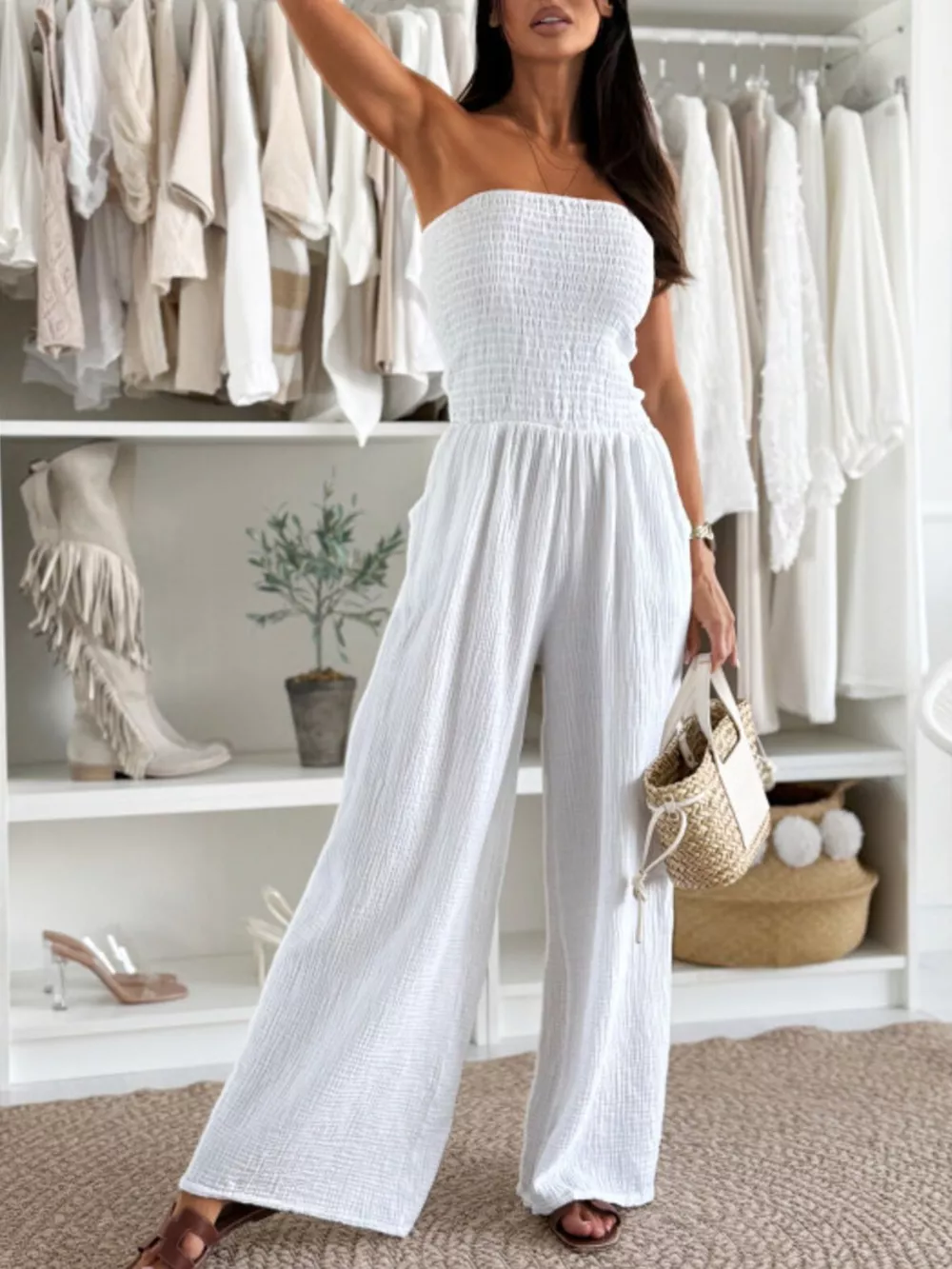 Smocked Tube Wide-Leg Jumpsuit, image 6