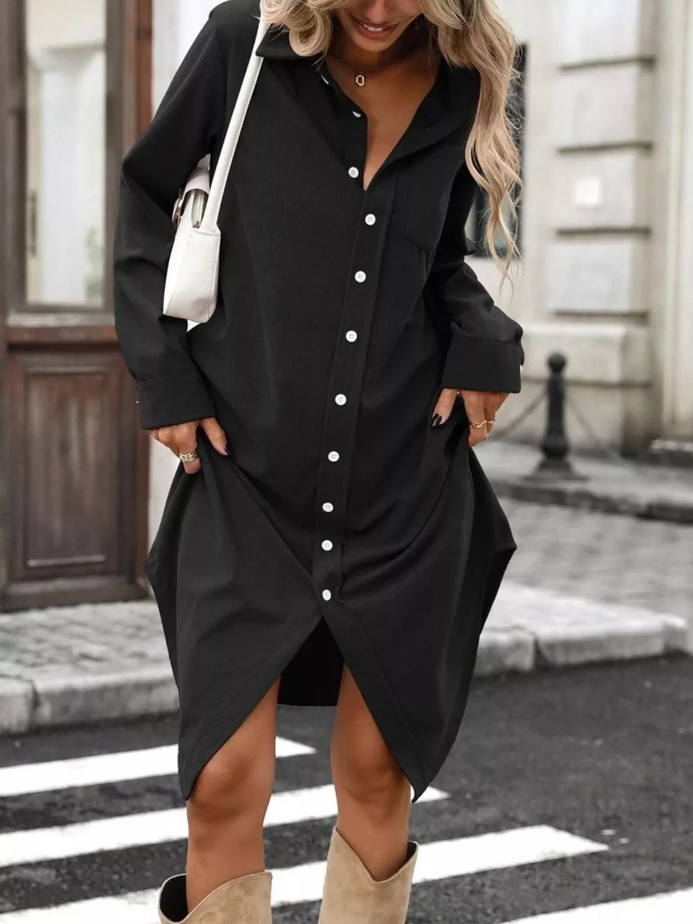 Corduroy Shirt Dress with Button-Down Front, image 22