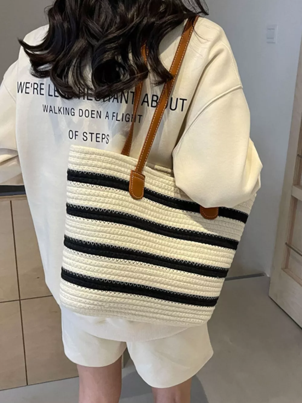 Striped Straw Tote Bag, image 8